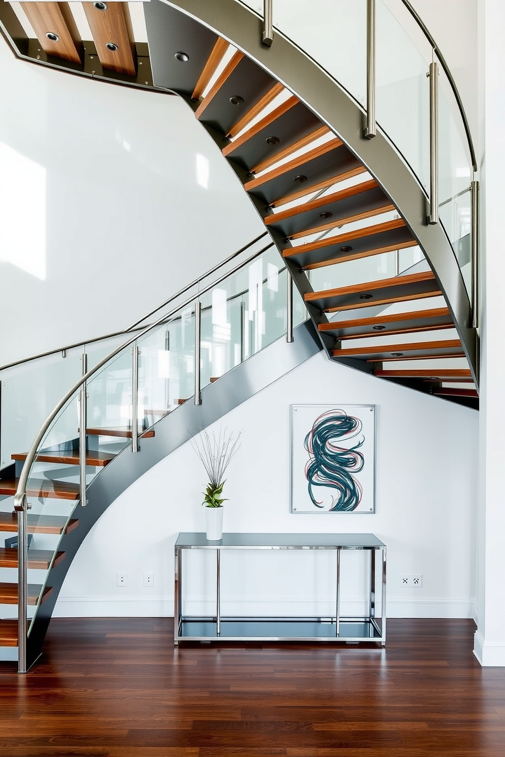 A contemporary staircase design featuring sleek metal accents and a graceful curve. The staircase is surrounded by glass railings that enhance the open feel of the space while allowing natural light to flow through. The steps are crafted from polished wood, contrasting beautifully with the metal supports. At the base of the staircase, a minimalist console table adds functionality and style, complemented by a striking piece of modern art on the wall.