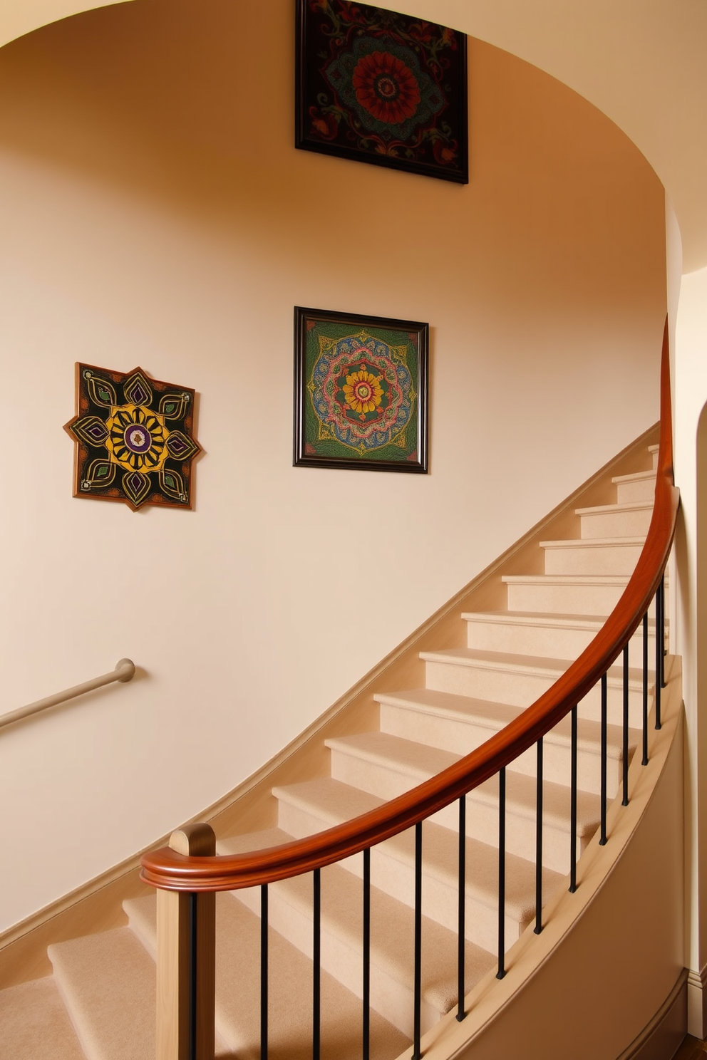 A striking staircase wall features bold geometric patterns in contrasting colors that draw the eye upward. The design incorporates sharp angles and dynamic shapes, creating a sense of movement and depth. The curved staircase showcases elegant lines that flow seamlessly from one level to the next. Its design is enhanced by a sleek handrail that complements the overall aesthetic, providing both functionality and style.