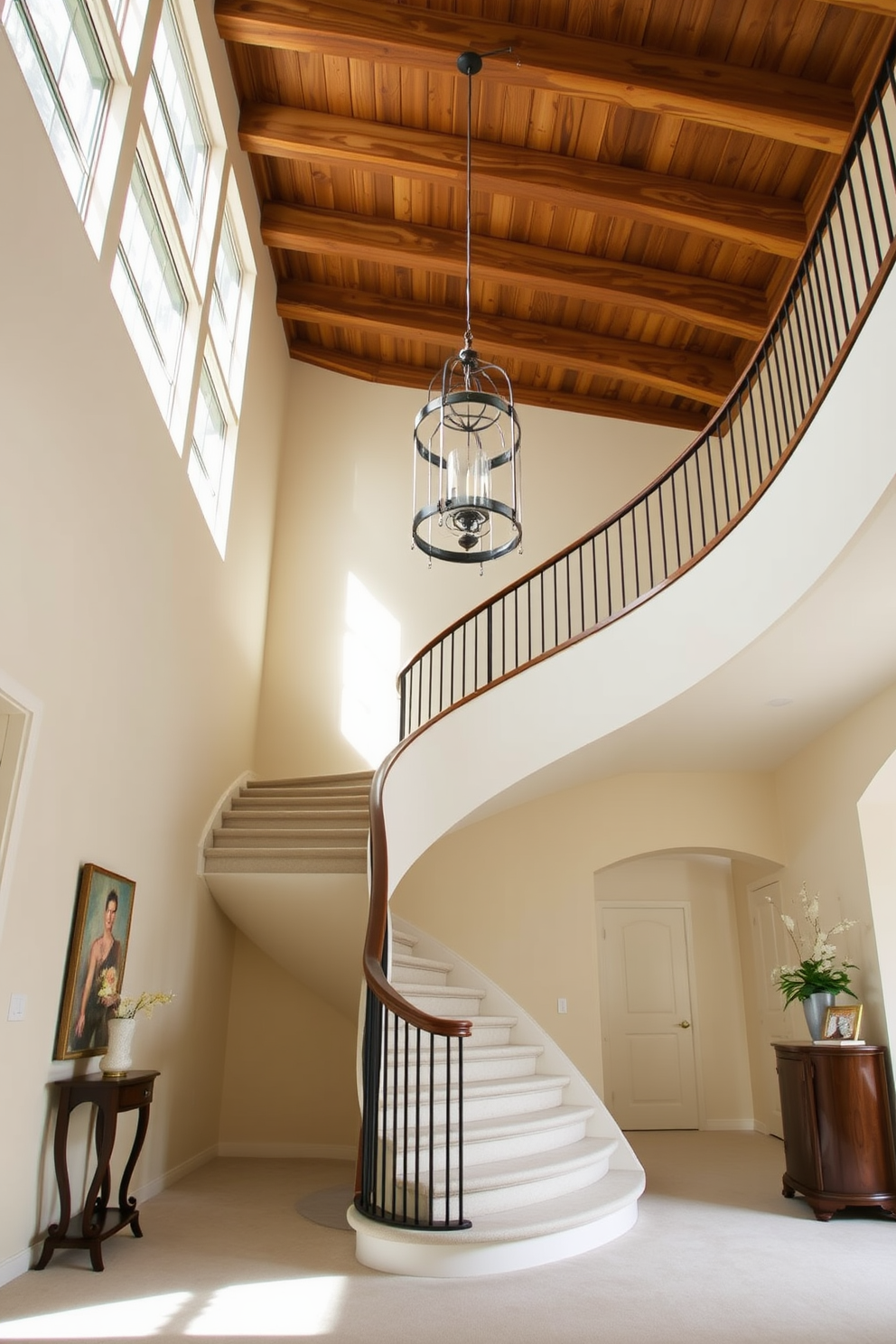 A vintage style living room featuring ornate details. The space is filled with rich, dark wood furniture, plush velvet upholstery, and intricate moldings on the ceiling and walls. A stunning curved staircase with elegant wrought iron railings. The staircase is adorned with a plush runner that complements the overall decor of the home.