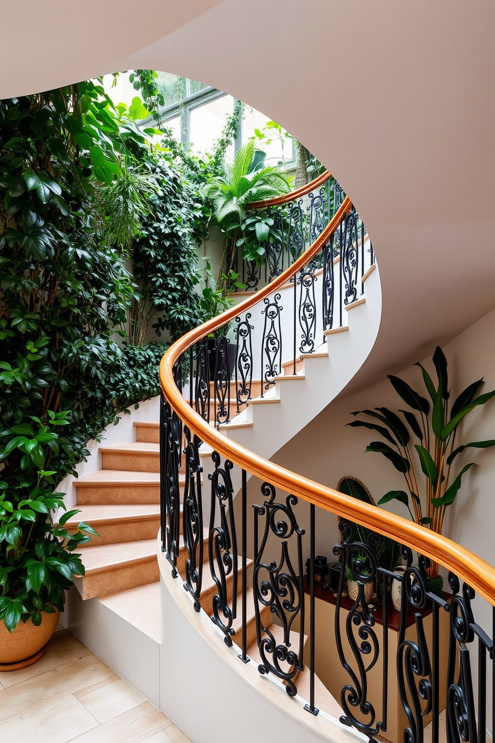 A stunning curved staircase elegantly winds its way through a space adorned with lush greenery. The staircase features a sleek wooden handrail and intricate wrought iron balusters, creating a harmonious blend of natural and architectural beauty.