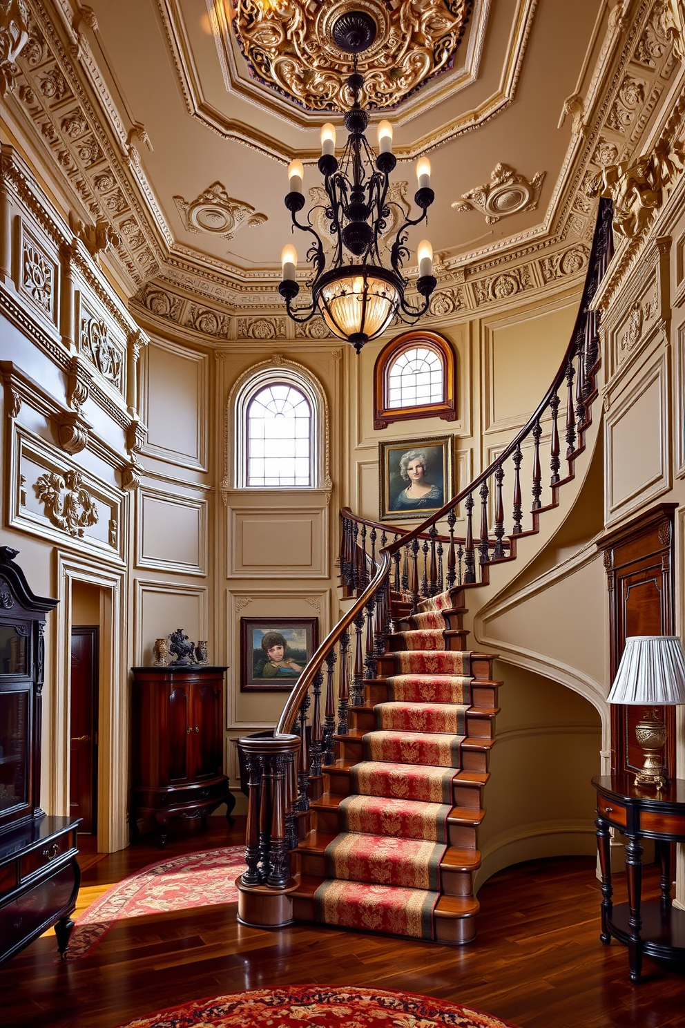 A vintage style interior featuring ornate details. The room showcases intricate moldings, a grand chandelier, and rich, dark wood furnishings. A stunning curved staircase that serves as the focal point of the space. The staircase is adorned with elegant balusters and a plush runner, enhancing its classic charm.