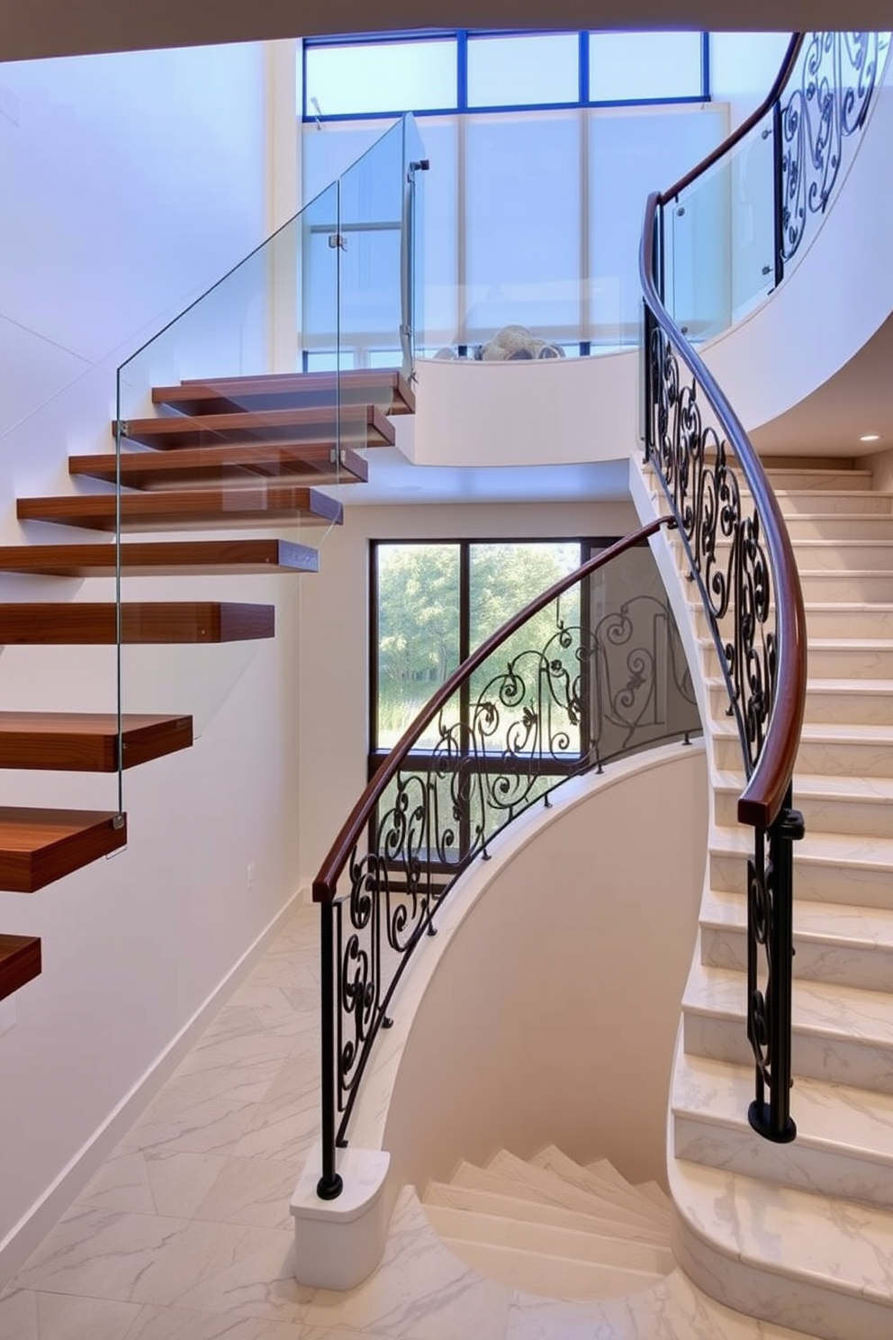 A sleek and modern floating staircase with treads that appear to defy gravity. The staircase is crafted from rich hardwood, seamlessly blending with a minimalist glass railing that enhances the open feel of the space. A stunning curved staircase that elegantly sweeps upwards, creating a focal point in the entryway. The treads are made of polished marble, and the balustrade features intricate wrought iron details that add a touch of sophistication.