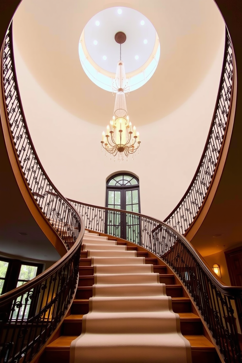 A stunning curved staircase gracefully ascends, featuring a grand focal chandelier that illuminates the space. The staircase is adorned with elegant balustrades and a soft runner, creating a warm and inviting atmosphere.