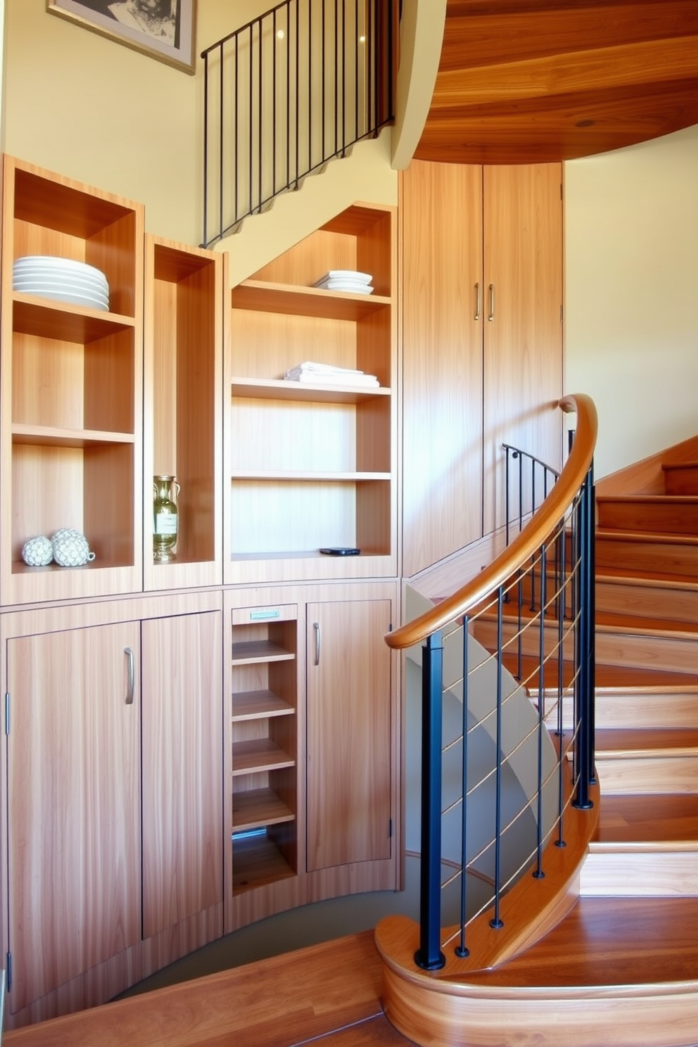 Integrated storage solutions along the staircase. Cleverly designed shelves and cabinets are built into the staircase, providing both functionality and aesthetic appeal. Curved staircase design ideas. The staircase features elegant curves with a polished wood finish, complemented by a sleek metal railing that enhances the overall sophistication of the space.