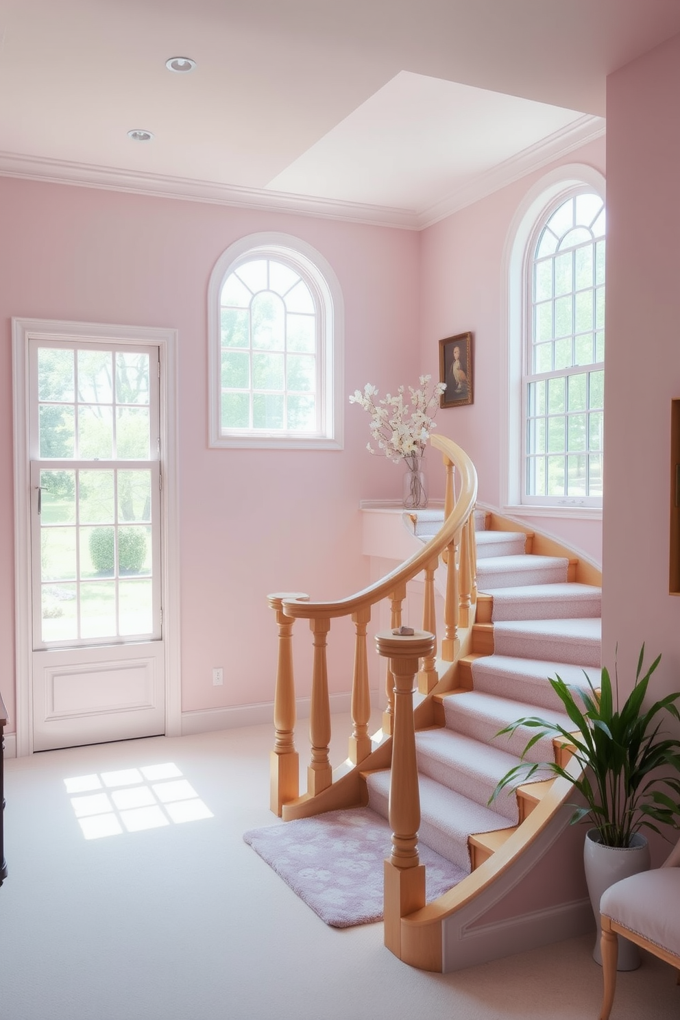 A serene atmosphere is created with soft pastel colors throughout the space. The walls are painted in a light blush tone, complemented by soft lavender accents in the furnishings. The curved staircase features elegant wooden railings and a plush runner that adds warmth. Large windows beside the staircase allow natural light to flood the area, enhancing the soft color palette.