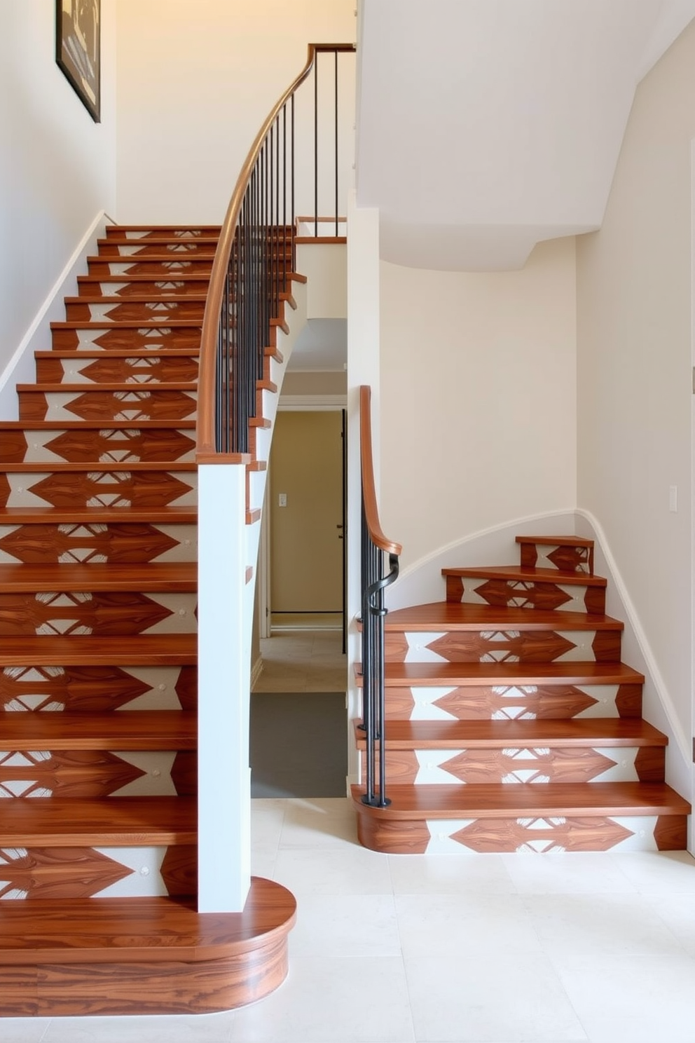 A stunning staircase featuring unique geometric patterns that create an eye-catching focal point in the entryway. The steps are finished in a rich walnut wood, while the risers showcase a bold, contrasting pattern that adds depth and interest. A gracefully curved staircase that flows elegantly through the space, designed to enhance the overall aesthetic of the home. The handrail is crafted from sleek metal, complementing the soft neutral tones of the surrounding walls.