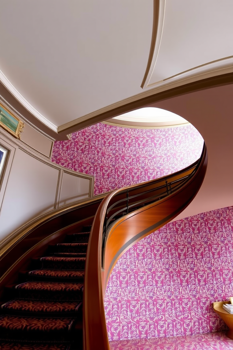 A stunning curved staircase elegantly showcases bold wallpaper with vibrant patterns that draw the eye. The staircase is framed by a sleek wooden railing, providing a modern touch to the classic design. The walls surrounding the staircase are adorned with intricate details, enhancing the visual appeal of the space. Soft lighting highlights the curves of the staircase, creating a warm and inviting atmosphere.