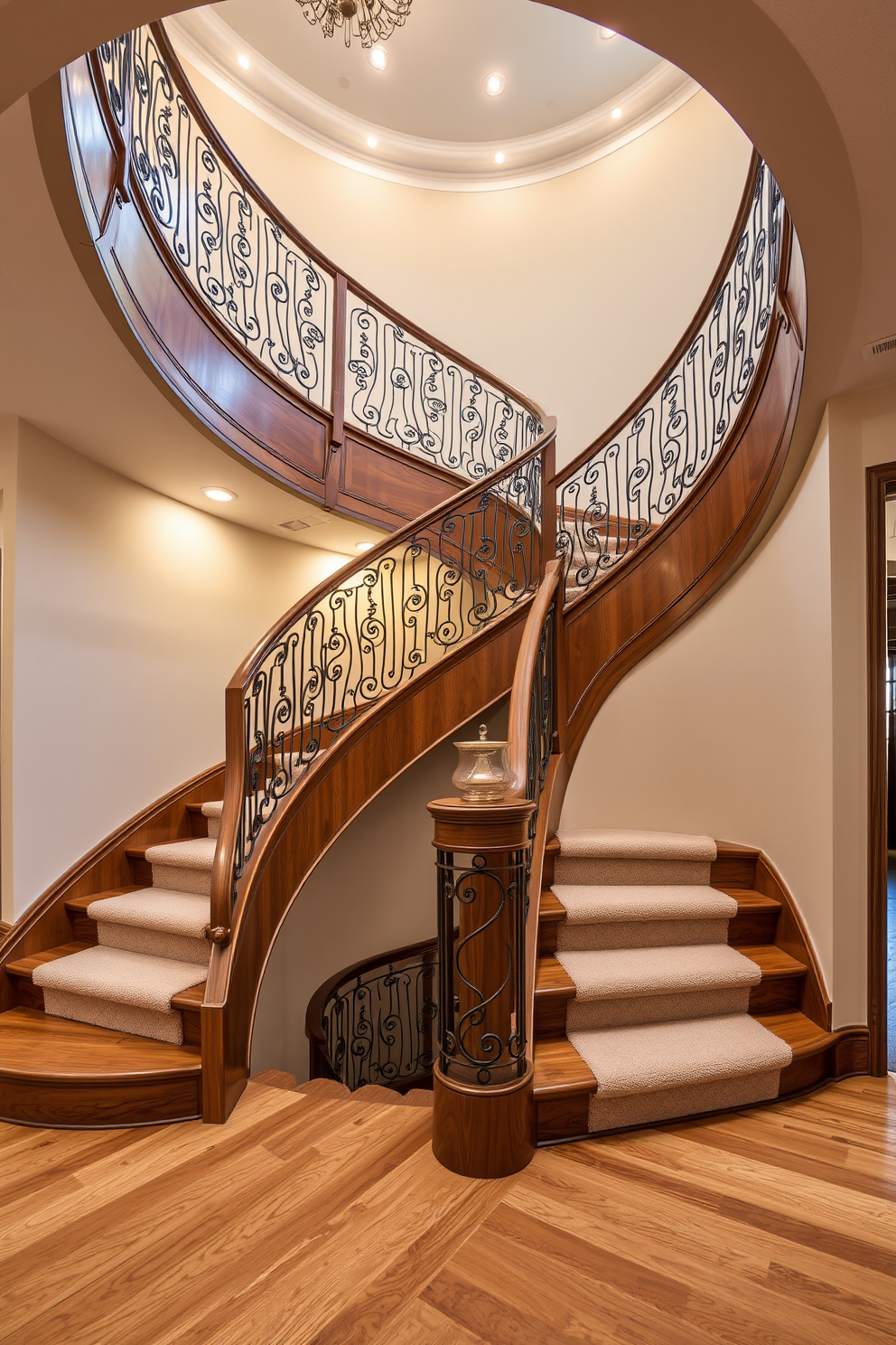 A stunning curved staircase made of polished wood with intricate metal railings. The staircase features a blend of materials including glass panels and stone accents that enhance its elegance. The design incorporates soft LED lighting that highlights the curves and creates a warm ambiance. A plush runner carpet in a neutral tone adds comfort and contrasts beautifully with the staircase's natural wood finish.