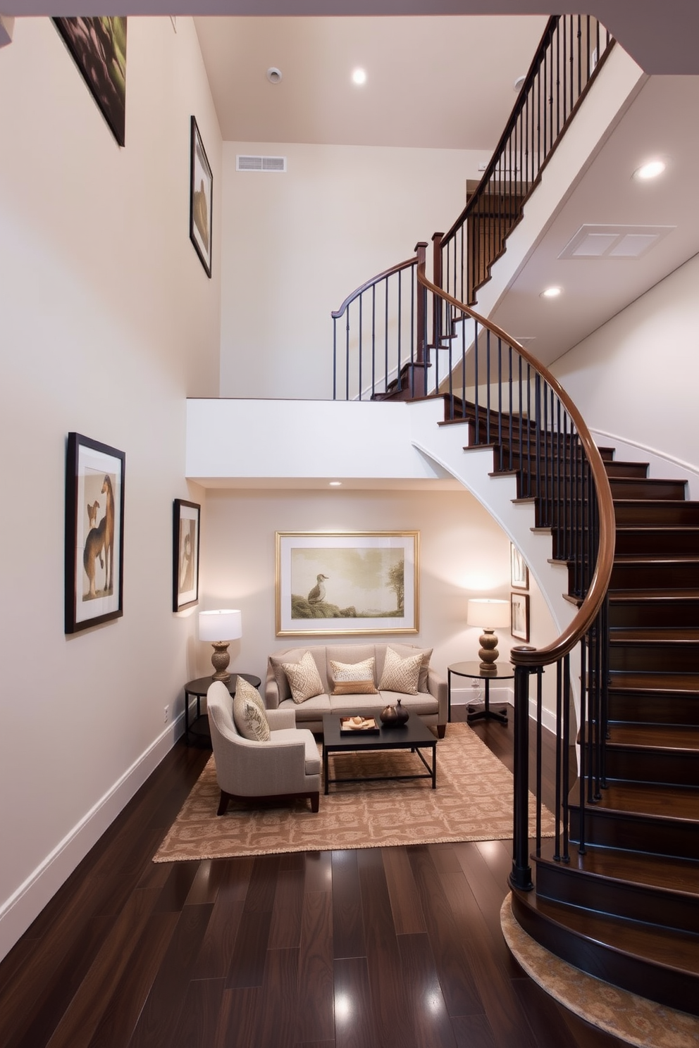 A stunning curved staircase gracefully sweeps through the space, featuring a soft color palette of pale blues and warm whites. The handrail is elegantly crafted from polished wood, complementing the gentle curves of the staircase and enhancing the overall flow of the design. The staircase is adorned with plush carpeting that adds warmth and comfort underfoot, while strategically placed lighting highlights its architectural beauty. Surrounding the staircase, light-colored walls and large windows allow natural light to flood the area, creating an inviting and airy atmosphere.