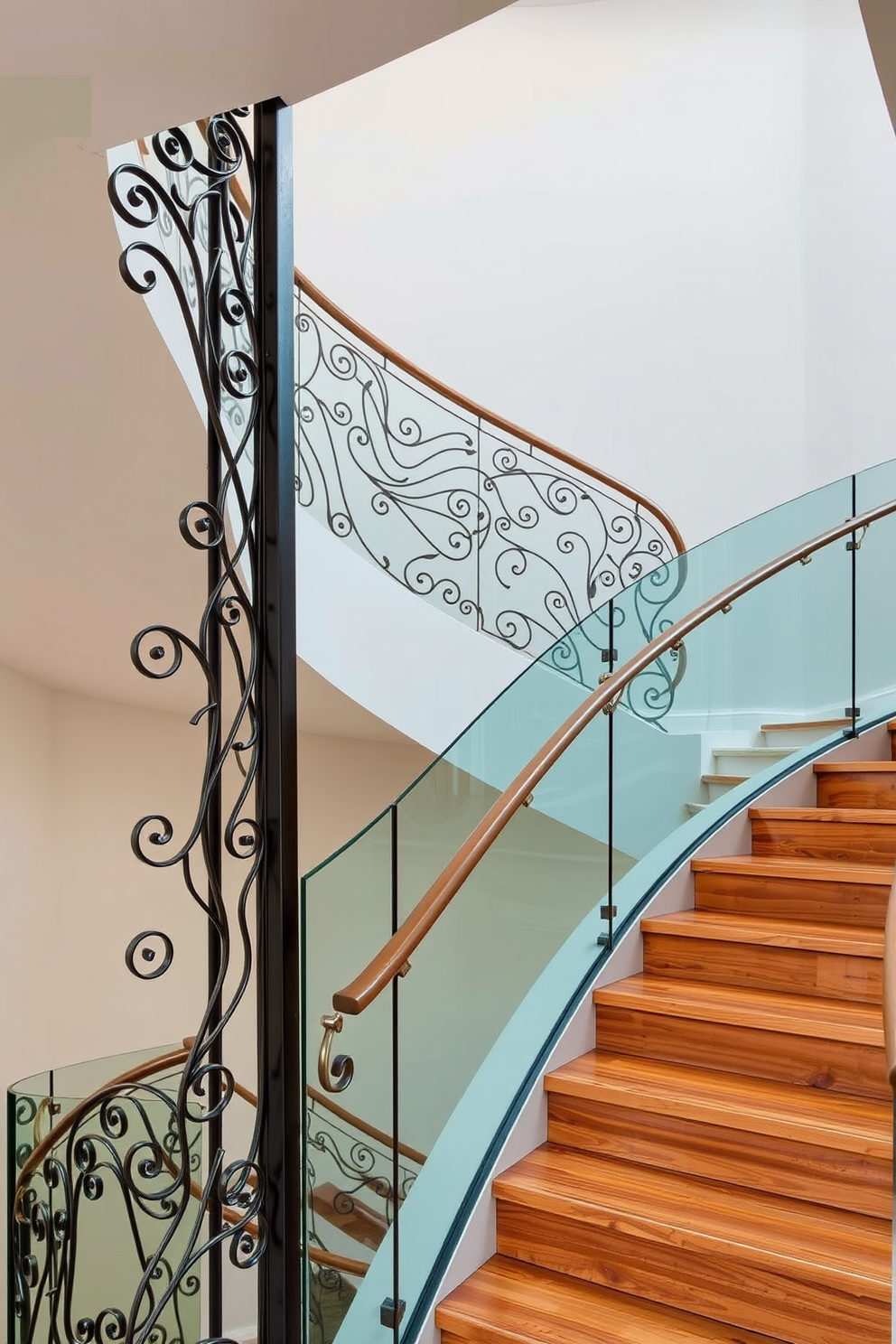 Artistic railing design for a unique touch. The railing features intricate metalwork with a blend of modern and traditional elements, showcasing a flowing pattern that complements the staircase. Curved staircase design ideas. The staircase gracefully winds upward with wide wooden treads and a sleek glass balustrade, creating an open and airy feel in the space.