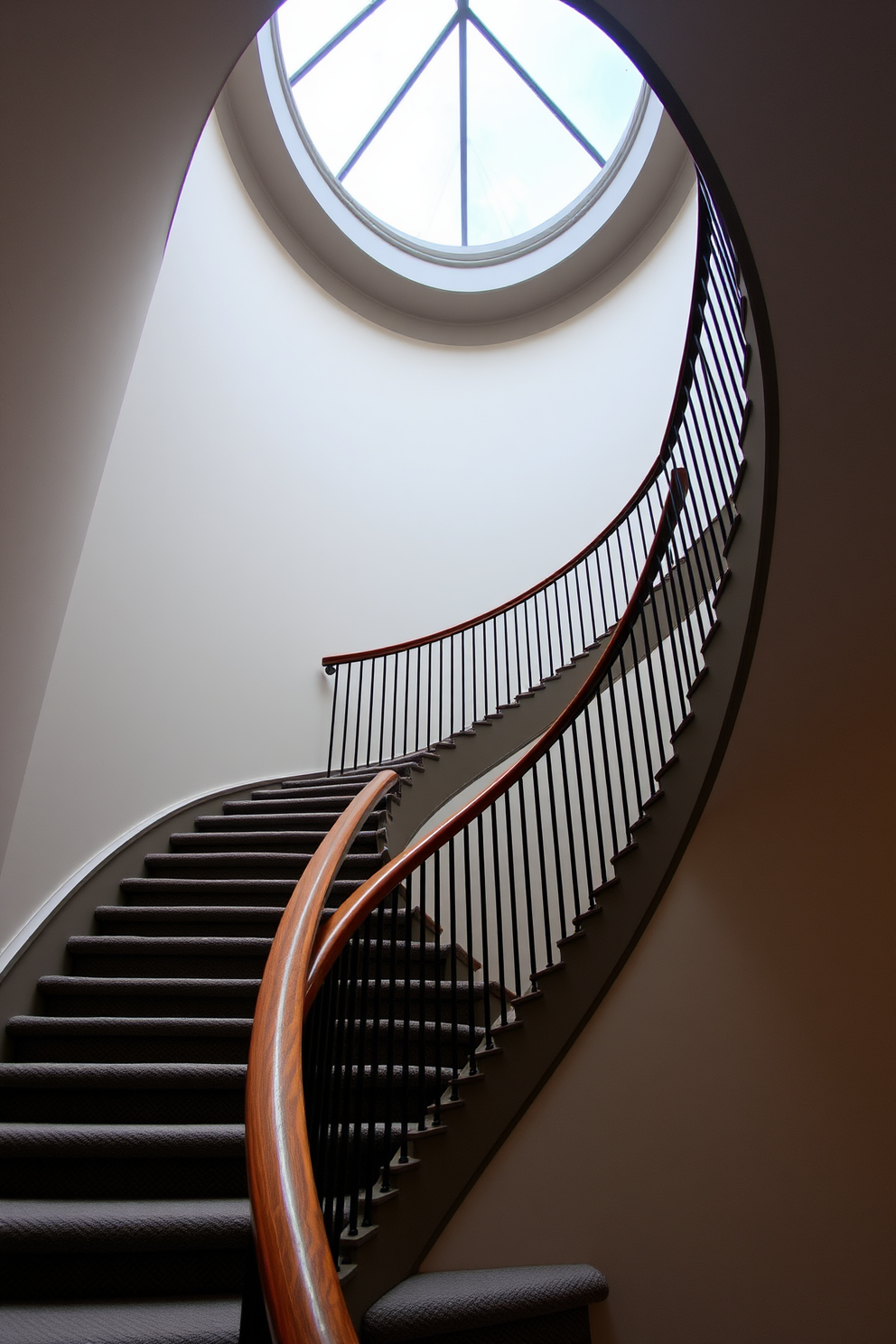 A stunning curved staircase with a sleek metal finish gracefully winds its way up to the second floor. The staircase features elegant handrails that complement the modern aesthetic, while the surrounding walls are adorned with minimalist artwork. Soft lighting highlights the curves of the staircase, creating a warm and inviting atmosphere. The steps are finished with a polished wood surface that contrasts beautifully with the metal accents.