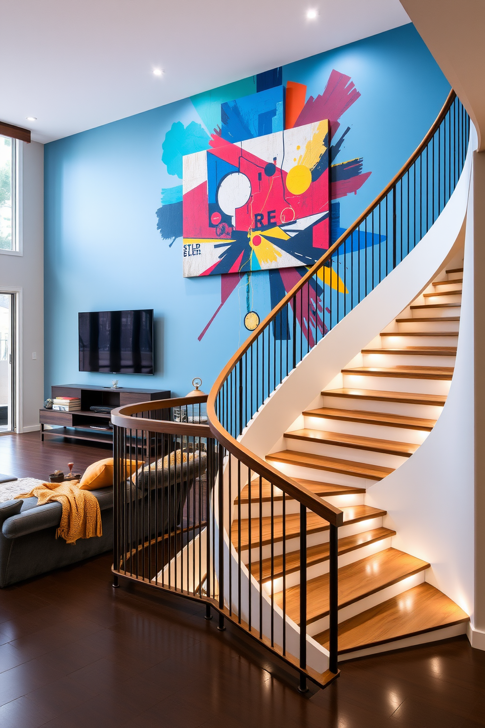 A vibrant living room featuring a statement piece with a colorful mural that spans an entire wall. The mural depicts an abstract design with bold hues of blue, red, and yellow, creating a lively focal point in the space. An elegant curved staircase design that seamlessly connects the two levels of the home. The staircase features a sleek wooden railing and is illuminated by soft, recessed lighting that highlights its graceful curves.