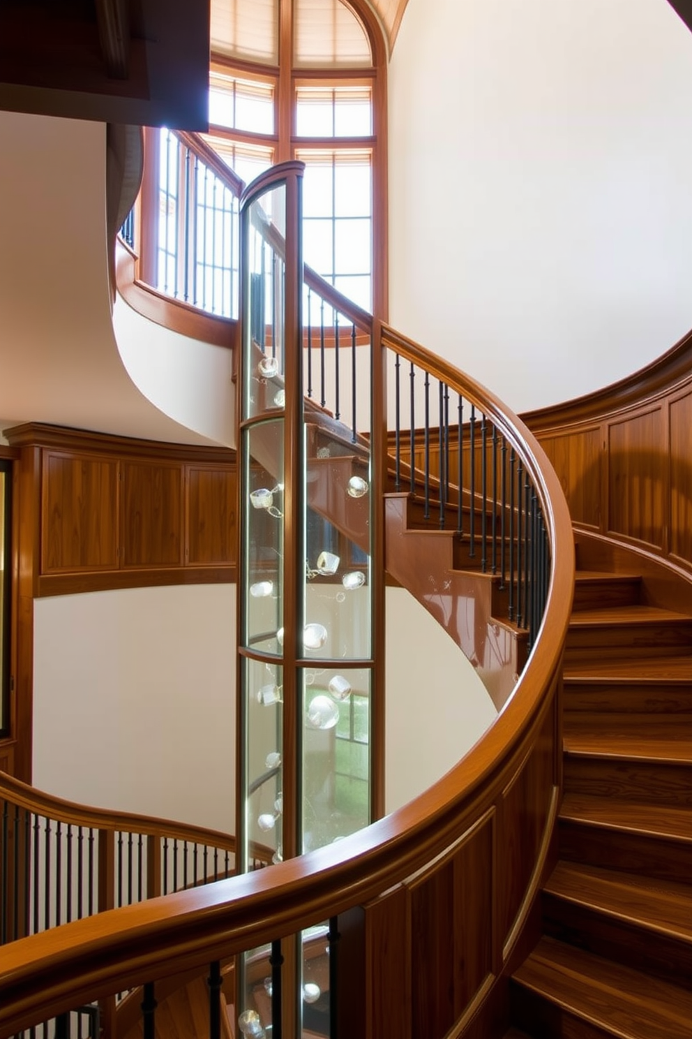 A stunning wooden spiral staircase with glass accents gracefully rises to the upper level. The intricate woodwork showcases the craftsmanship while the glass panels add a modern touch, allowing light to flow freely. Curved staircase design ideas feature smooth, flowing lines that enhance the elegance of the space. The combination of rich wood tones and soft lighting creates a warm and inviting atmosphere.