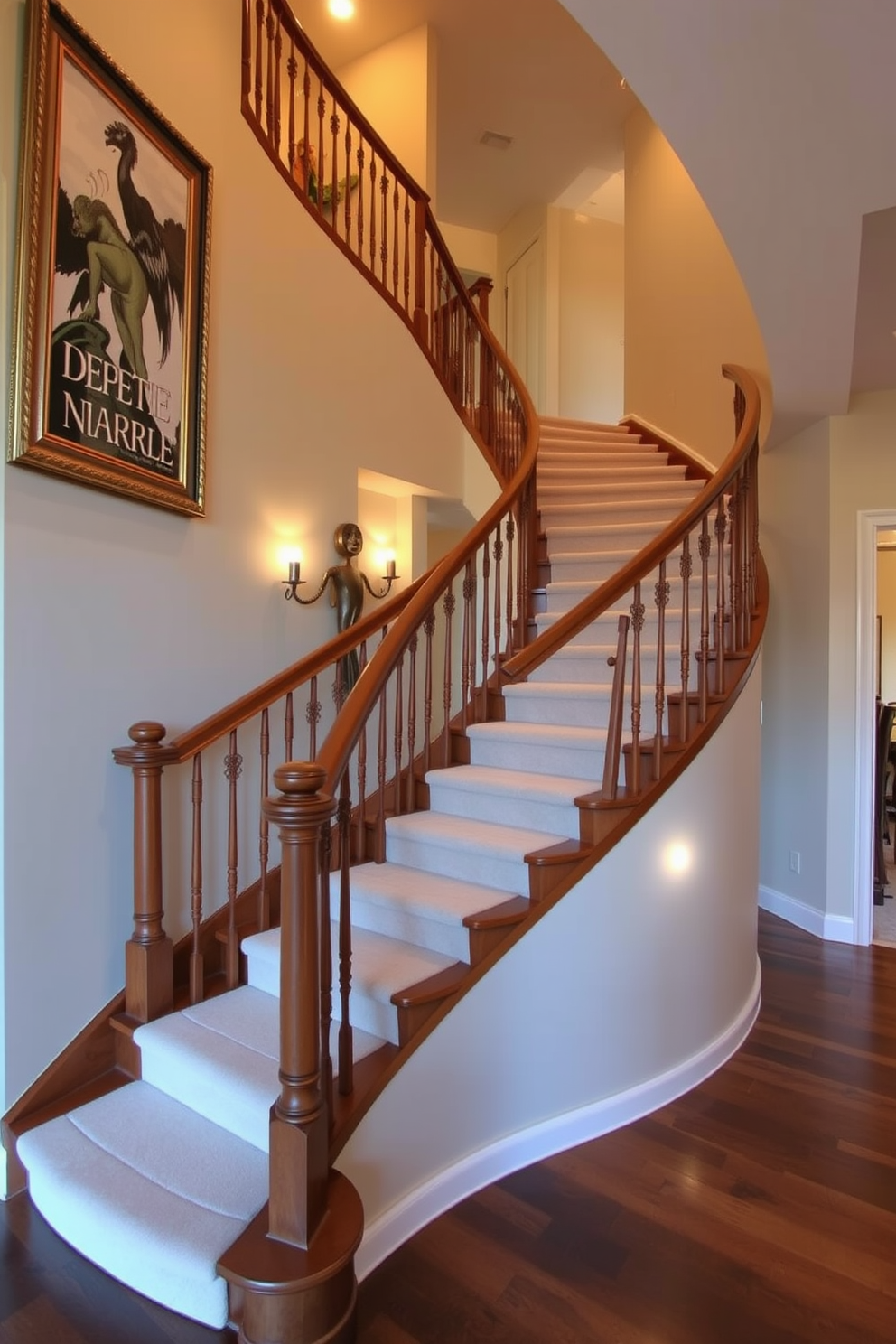 A stunning curved staircase gracefully ascends, featuring a sleek handrail that complements the elegant design. At the focal point, a captivating art piece is displayed, drawing the eye and enhancing the ambiance of the space. The staircase is adorned with rich wooden steps that contrast beautifully against the soft, neutral wall color. Ambient lighting highlights the curves and contours, creating a warm and inviting atmosphere throughout the entryway.