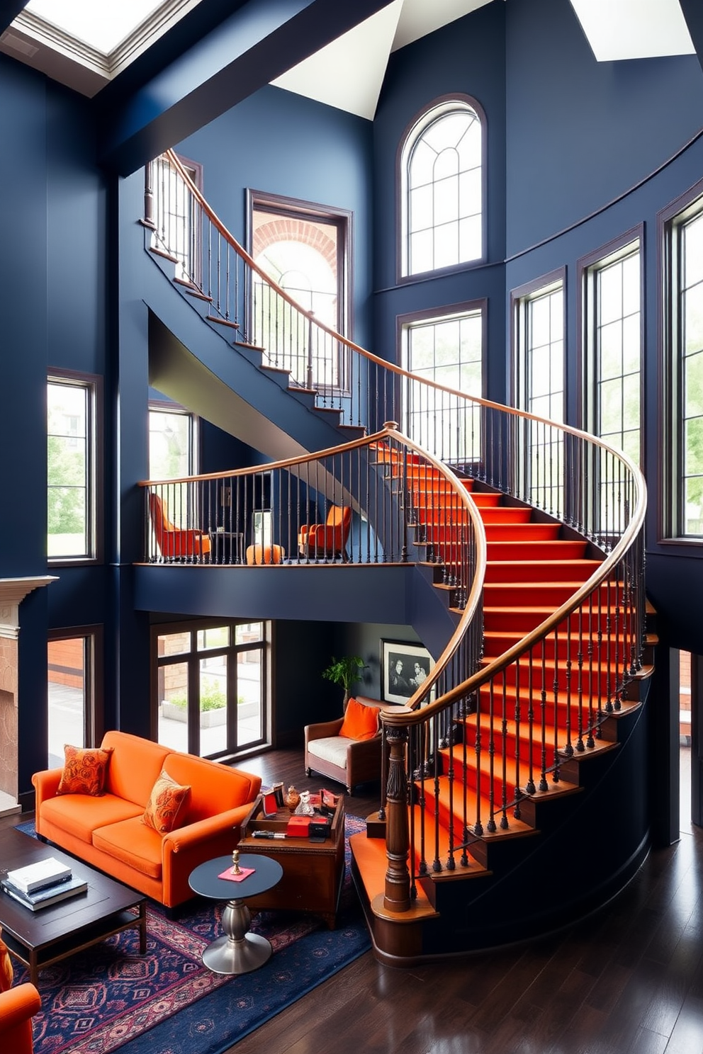 A bold color scheme featuring deep blues and vibrant oranges creates a dramatic effect in the living space. The walls are painted in a rich navy, while the furniture showcases pops of bright orange through cushions and accent pieces. The curved staircase is a stunning focal point, with elegant railings and a smooth wooden finish. Surrounding the staircase, large windows allow natural light to flood the area, highlighting the graceful curves and inviting atmosphere.