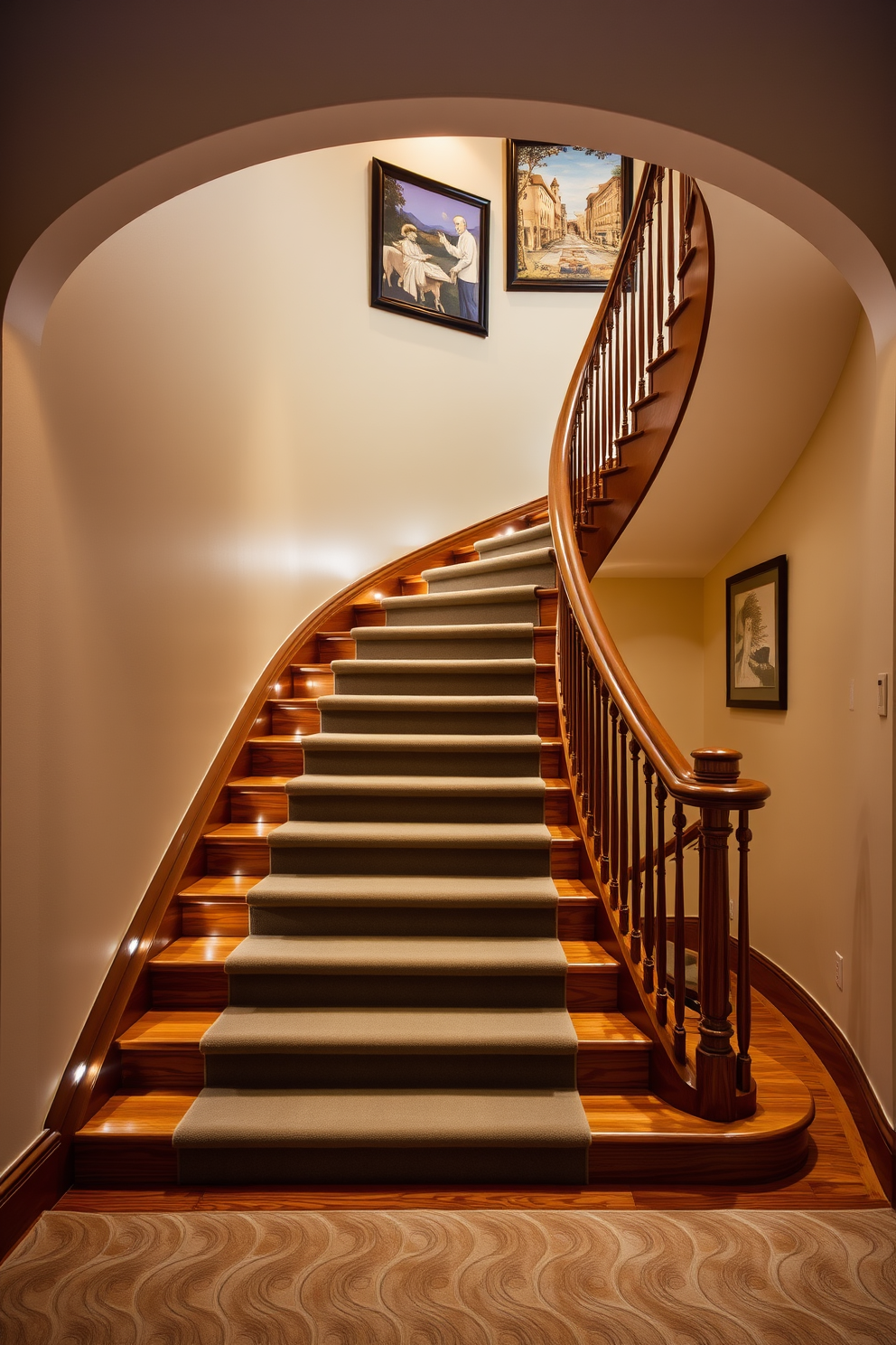 A stunning curved staircase with soft lighting integrated into each step creates an inviting focal point in the entryway. The warm glow of the lights highlights the elegant curves of the staircase, enhancing the overall ambiance of the space.