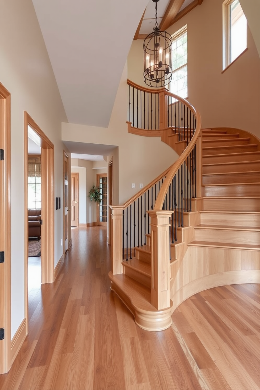 A stunning entryway featuring a natural wood finish that creates a warm and inviting atmosphere. The space showcases a beautifully crafted curved staircase with elegant railings, seamlessly blending functionality and aesthetics.