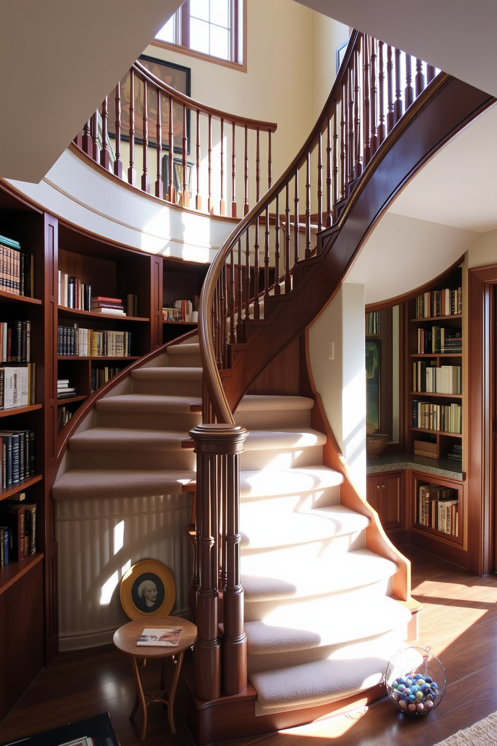 A stunning staircase with built-in bookshelves underneath creates an inviting and functional space. The shelves are filled with an array of books and decorative items, adding personality to the area. The curved staircase features elegant wood railings and a plush runner that enhances its graceful shape. Natural light pours in from a nearby window, highlighting the beautiful craftsmanship of the staircase.