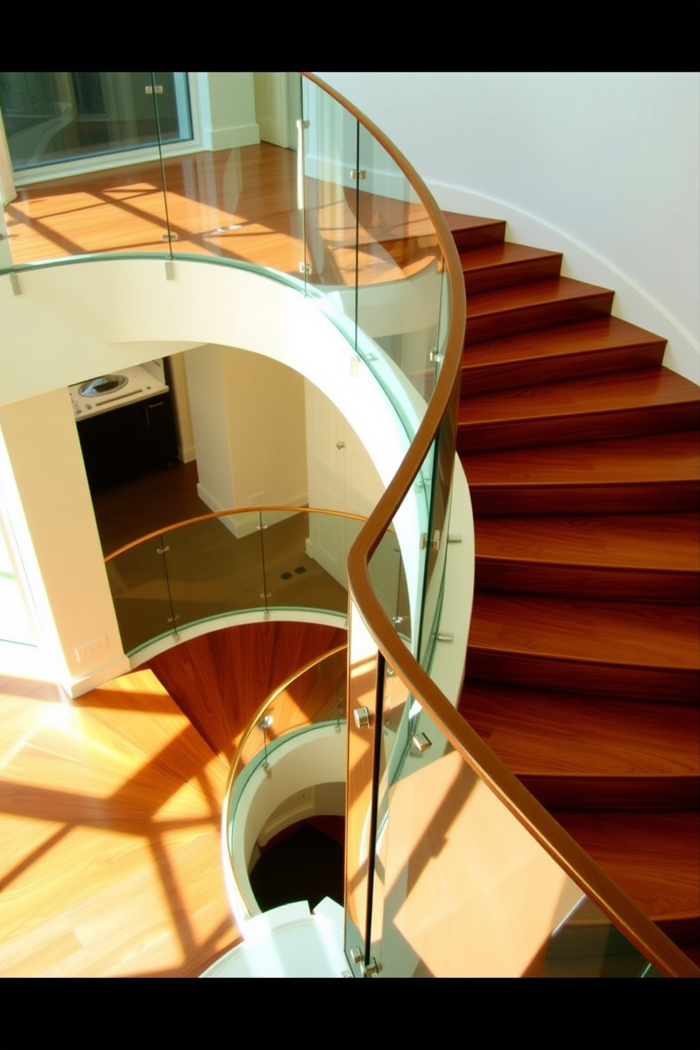 A stunning curved staircase features stained wood treads that beautifully contrast with crisp white risers. The elegant design is enhanced by a sleek handrail that flows seamlessly along the curve, creating a sense of sophistication and warmth.