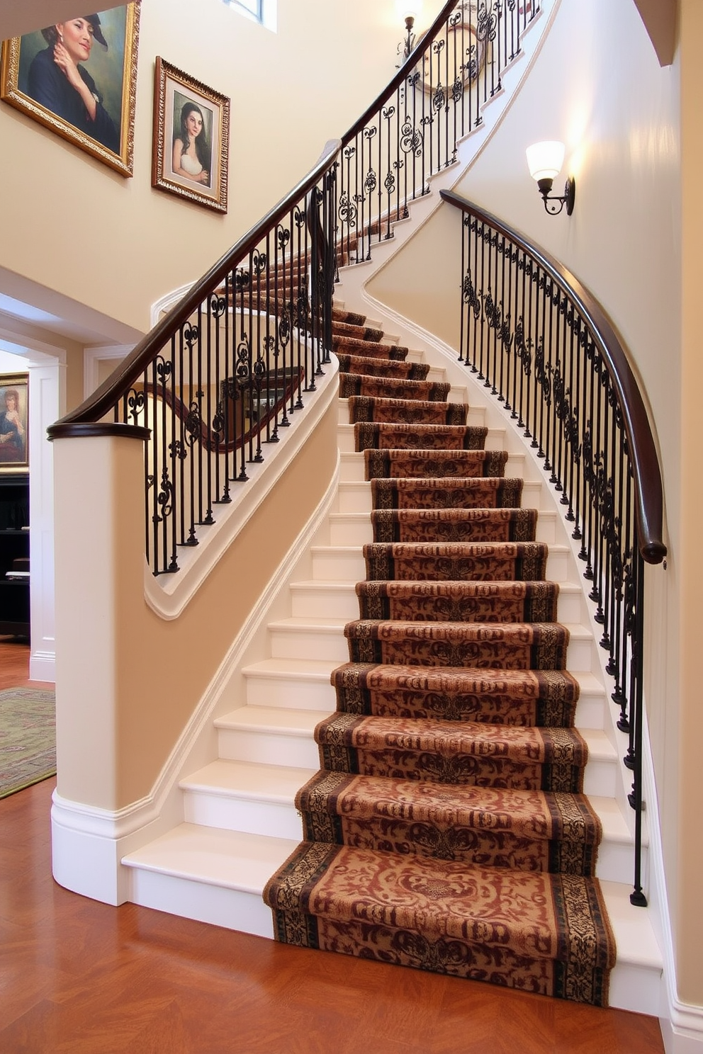 A stunning curved staircase features a luxurious patterned carpet runner that gracefully guides the eye along its sweeping lines. The stair railing is elegantly crafted from wrought iron, adding a touch of sophistication to the overall design. The walls surrounding the staircase are adorned with tasteful artwork that complements the color palette of the carpet. Soft lighting illuminates the space, creating a warm and inviting atmosphere that enhances the beauty of the curved staircase.