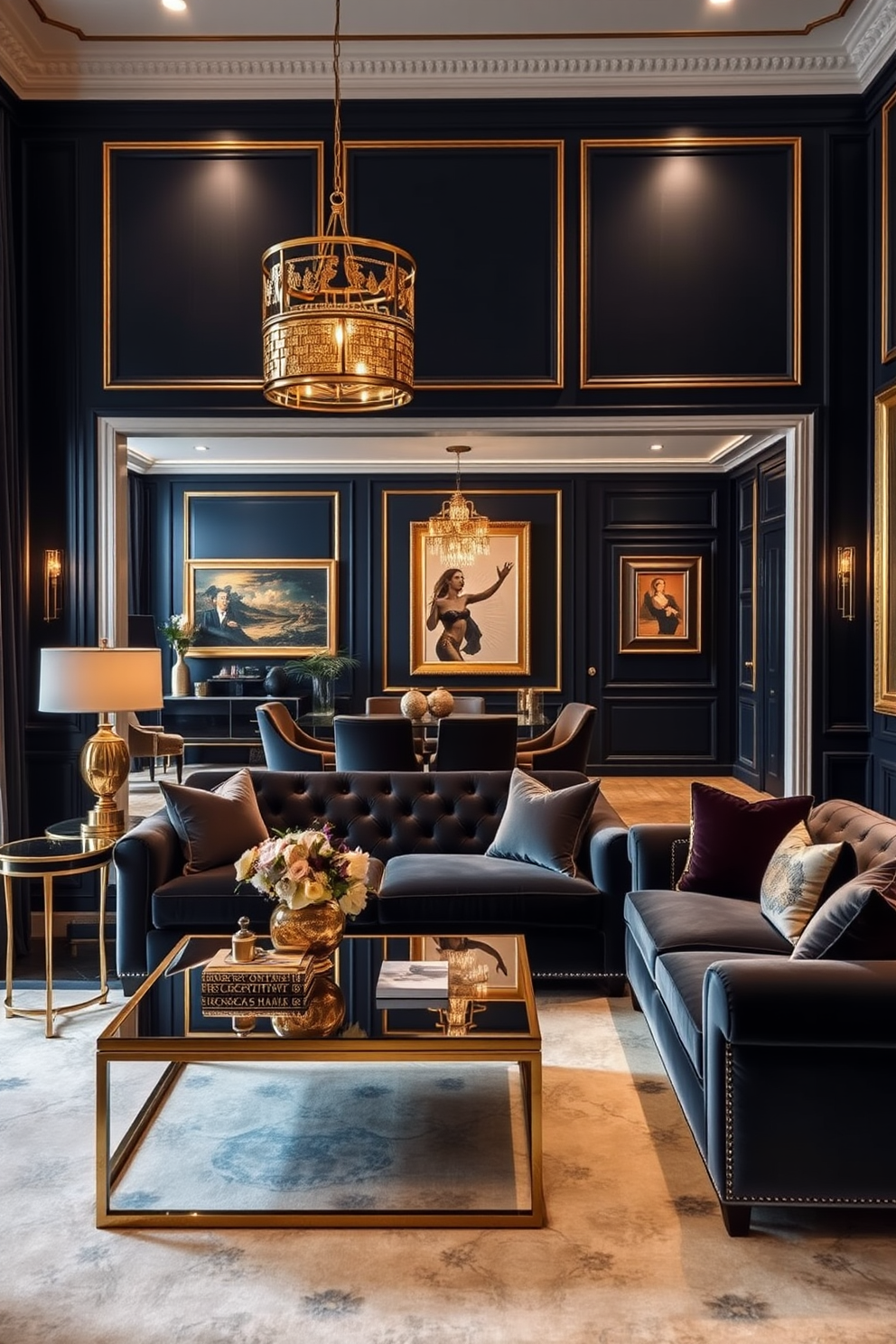 Dark accent walls create a cozy atmosphere. The room features rich textures and layered lighting to enhance the intimate feel. Incorporate plush furniture with deep hues and metallic accents. A statement piece of art can serve as a focal point against the dark backdrop.