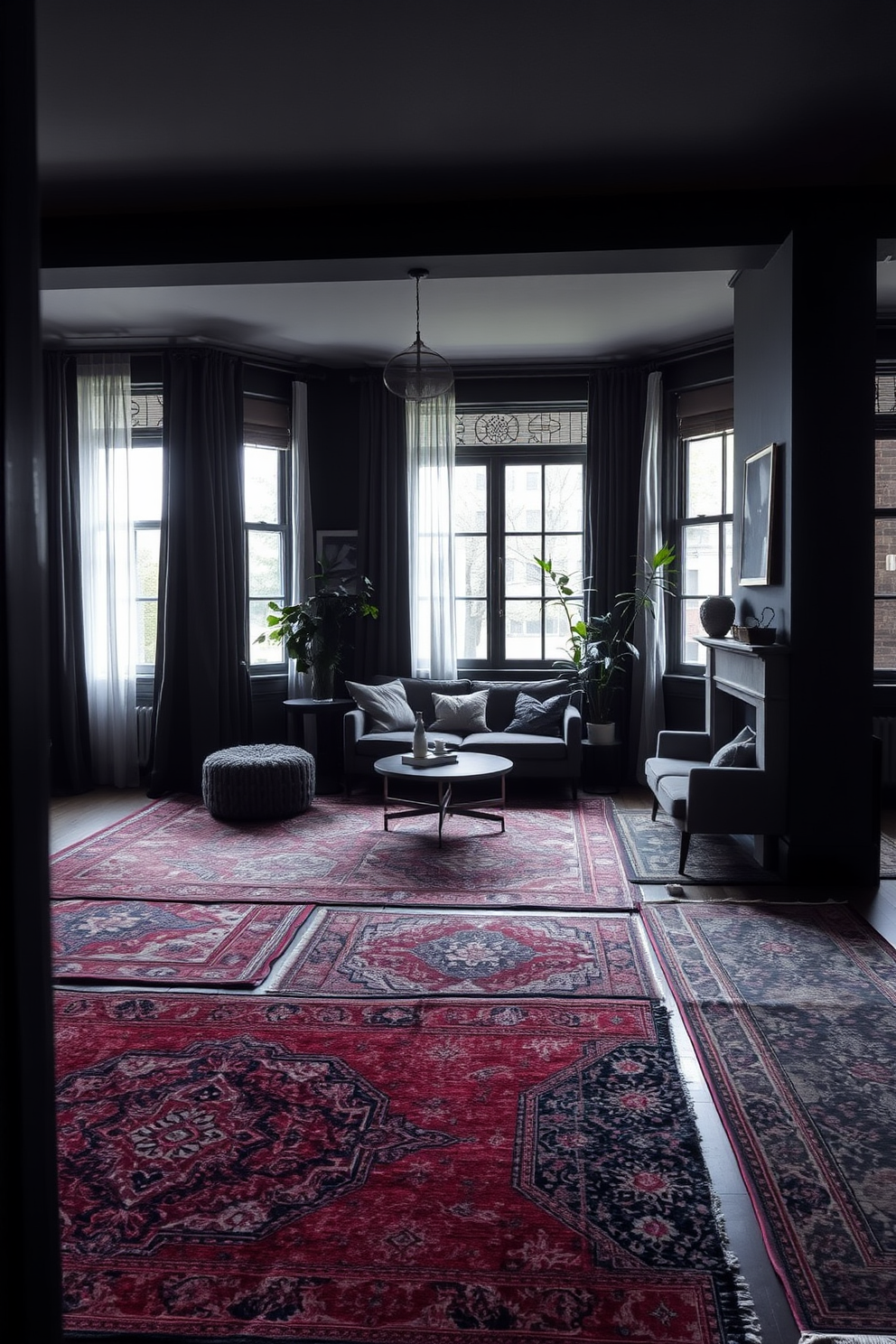 A dark apartment filled with layered rugs featuring intricate dark patterns that add depth and texture to the space. The walls are painted in deep charcoal, and large windows allow soft light to filter through sheer curtains, creating a cozy yet sophisticated atmosphere.