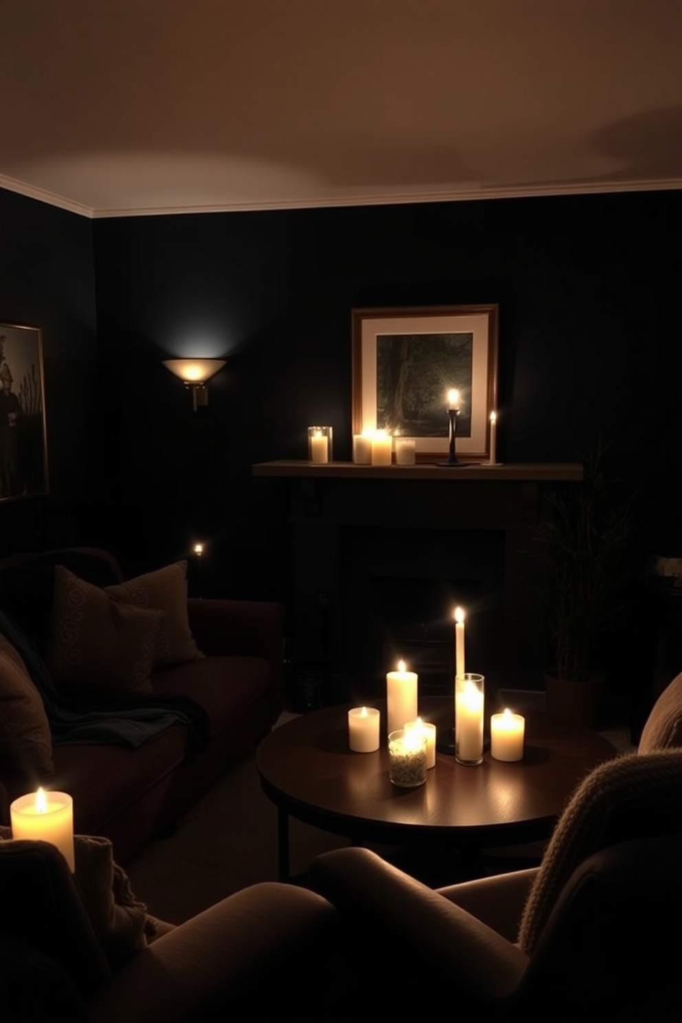 A cozy dark apartment setting illuminated by soft candlelight. The walls are painted in deep charcoal, and plush furnishings invite relaxation while creating an intimate atmosphere. Strategically placed candles flicker on various surfaces, casting gentle shadows and enhancing the room's warmth. Rich textures like velvet and leather add depth, complemented by dark wood accents throughout the space.