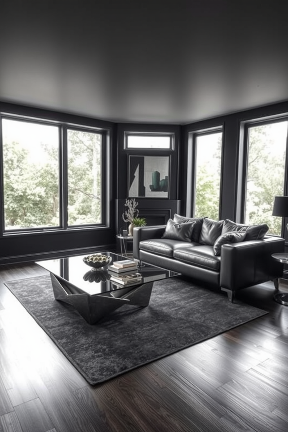 A sleek living room featuring metallic finishes that add a modern touch. The furniture includes a minimalist sofa with metallic accents and a glass coffee table that reflects the ambient light. The walls are painted in deep charcoal, creating a dramatic backdrop. Large windows allow natural light to illuminate the space, highlighting the shiny surfaces and creating a cozy yet sophisticated atmosphere.