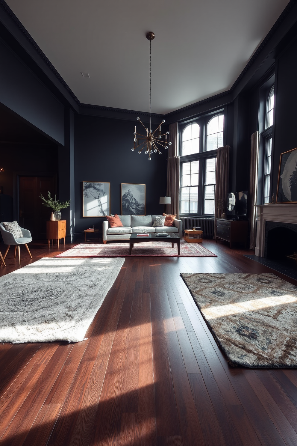 A stylish dark apartment featuring rich dark wood flooring that adds warmth to the space. Area rugs in contrasting colors are strategically placed to define different areas and enhance comfort. The walls are painted in deep, muted tones that complement the flooring and create a cozy atmosphere. Large windows allow natural light to filter in, highlighting the textures of the rugs and the elegance of the furnishings.