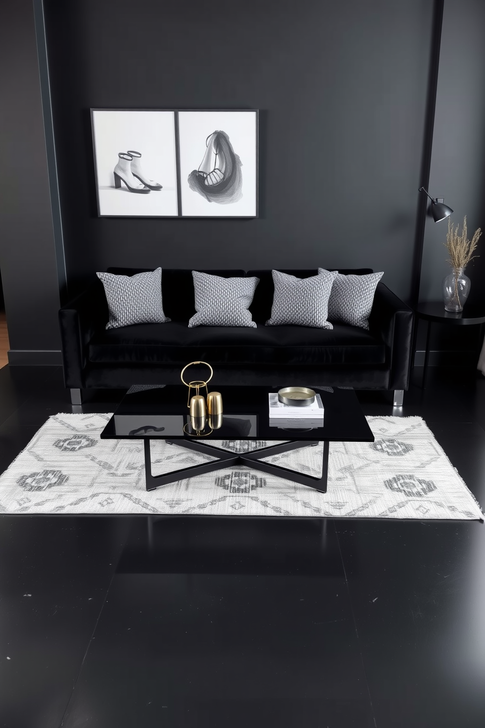 A chic dark apartment featuring a monochrome color scheme. The walls are painted in deep charcoal, complemented by a plush black velvet sofa adorned with textured throw pillows. The flooring is a sleek matte black, while a large area rug with a subtle pattern adds warmth. A statement coffee table in polished black glass sits at the center, surrounded by minimalist metallic accents.