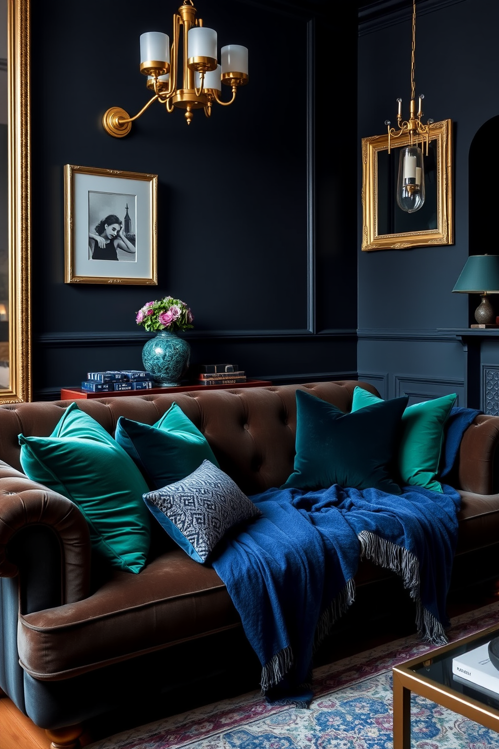 A dark apartment filled with deep jewel tones creates a luxurious and inviting atmosphere. Rich emerald green cushions and sapphire blue throws adorn a plush velvet sofa, adding warmth to the space. The walls are painted in a deep charcoal shade, providing a dramatic backdrop for the vibrant accessories. Gold accents in the form of picture frames and light fixtures enhance the opulence of the room.