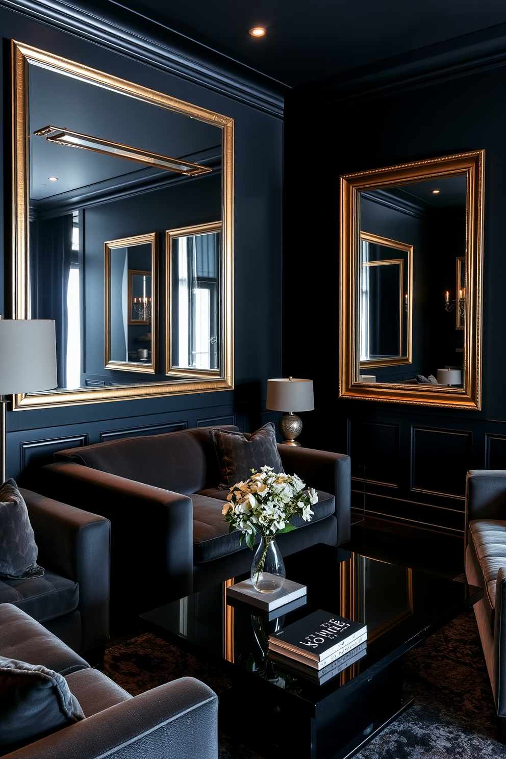 A cozy and intimate living room featuring dark navy blue walls that create a dramatic atmosphere. The space is adorned with a plush velvet sofa in a deep emerald green, complemented by gold accent pillows and a sleek black coffee table. In the corner, a tall bookshelf filled with an eclectic mix of books and decorative items adds character. Soft lighting from stylish floor lamps enhances the ambiance, while a large abstract painting with bold colors serves as a striking focal point.