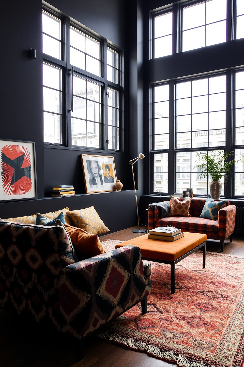 A dark apartment setting featuring bold geometric patterns in textiles. The walls are painted in deep charcoal, and the furniture is upholstered in vibrant fabrics showcasing striking geometric designs. Large windows allow natural light to filter in, highlighting the contrast between the dark walls and the colorful patterns. Accessories like throw pillows and area rugs add layers of texture and visual interest throughout the space.