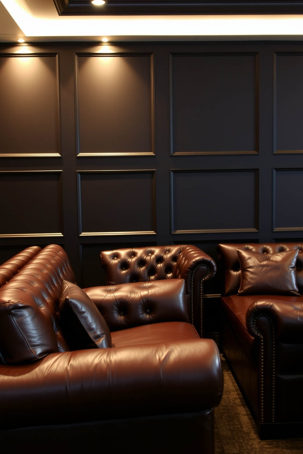 Rich leather seating for sophistication. The room features a deep brown leather sofa paired with matching armchairs that exude luxury and comfort. The walls are painted in a dark charcoal hue, creating an intimate atmosphere. Ambient lighting highlights the textures of the leather and adds warmth to the space.