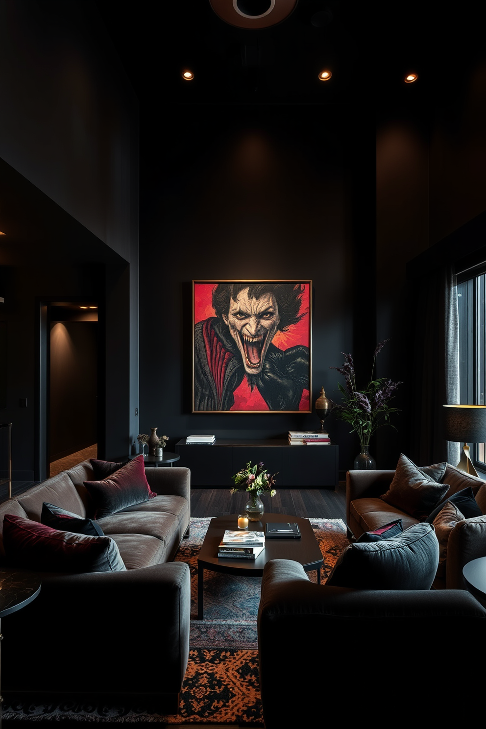 A dark and moody apartment featuring rich, deep colors and dramatic lighting. The walls are adorned with striking artwork that serves as a focal point, inviting discussion and intrigue. The living area includes plush furniture in luxurious fabrics, arranged to create an intimate atmosphere. Soft ambient lighting enhances the mood, while carefully selected decor adds personality and warmth.