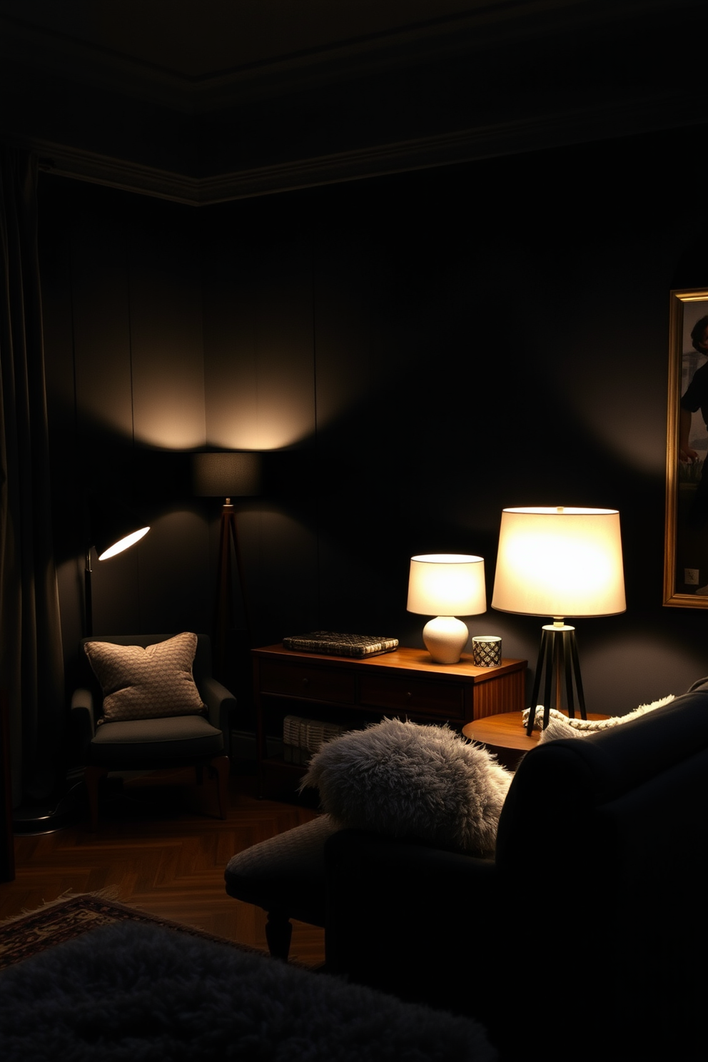 A luxurious bedroom designed with a dark color scheme. The walls are painted in a deep navy blue, complemented by rich black furnishings and a plush velvet bedspread. Soft ambient lighting casts a warm glow throughout the space, highlighting the elegant textures of the decor. A large abstract painting with dark hues hangs above the bed, creating a striking focal point.