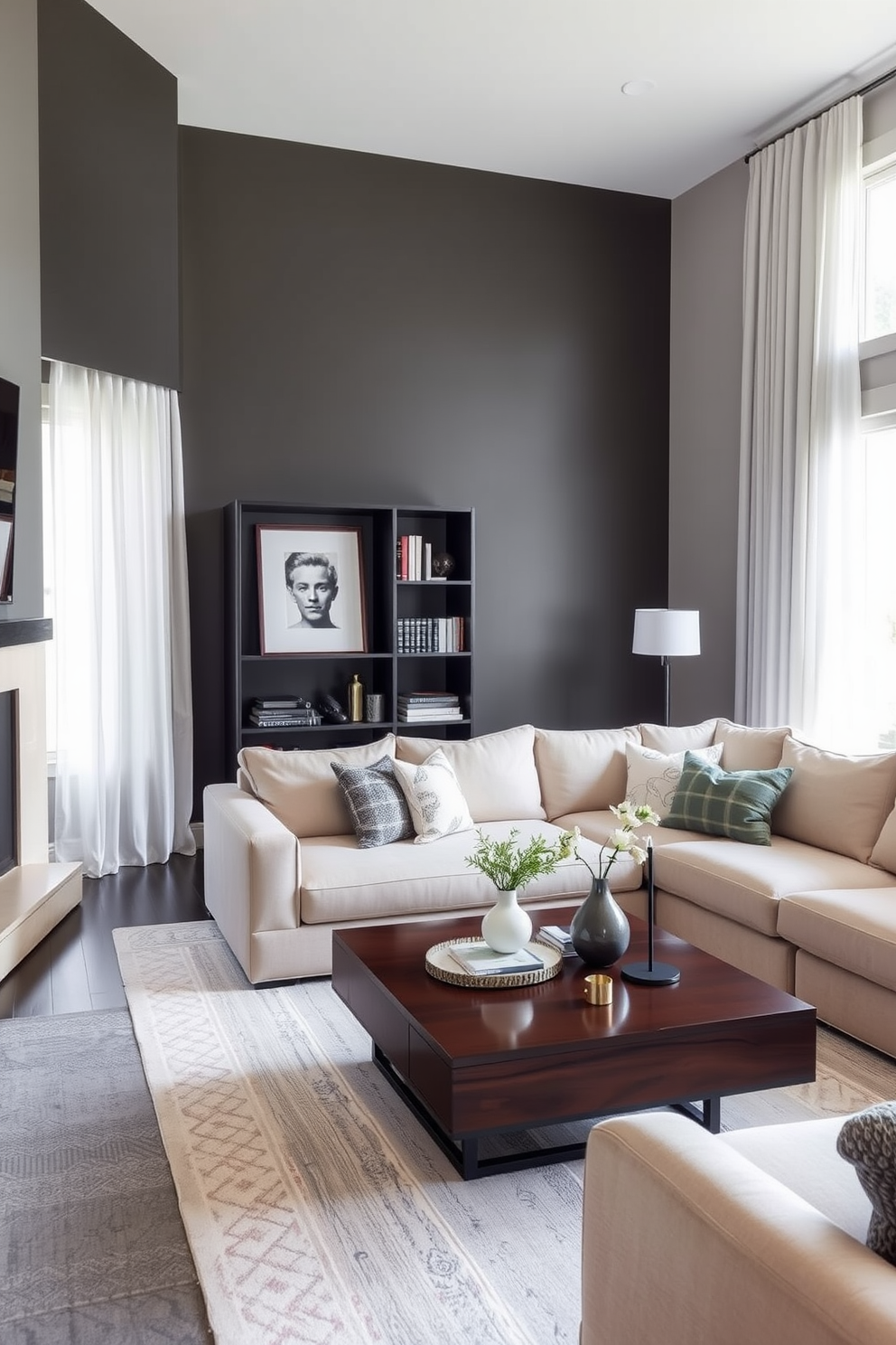 A stylish dark-toned living room features a deep mahogany coffee table paired with a plush light beige sectional sofa. The walls are painted a soft gray, creating a cozy contrast that enhances the warmth of the dark furniture. In the corner, a sleek black bookshelf displays a curated collection of books and decorative items. Large windows draped with sheer white curtains allow natural light to filter in, illuminating the space and highlighting the elegant decor.