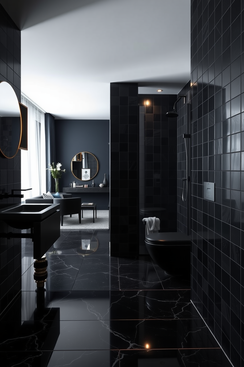 A luxurious bathroom featuring dark tiles that create an elegant atmosphere. The walls are adorned with deep charcoal tiles while the floor showcases a contrasting glossy black tile. A contemporary apartment design that embraces dark tones for a sophisticated look. The living space is enhanced with rich navy blue walls and sleek black furniture, complemented by warm lighting for a cozy ambiance.