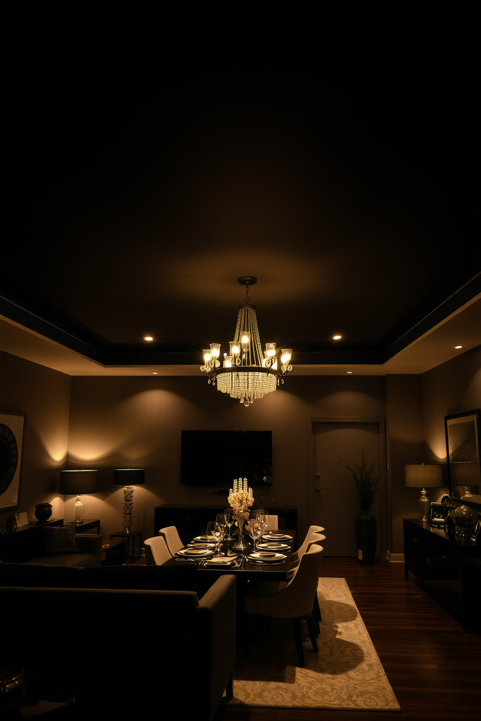 A sleek living room featuring contrasting light fixtures that illuminate the space against a rich dark ceiling. The room is adorned with deep-toned furniture and accents that enhance the dramatic atmosphere while providing a cozy ambiance. A stylish dining area showcasing a modern chandelier that stands out against the dark ceiling. The table is set with elegant dinnerware and surrounded by plush chairs, creating an inviting setting for intimate gatherings.