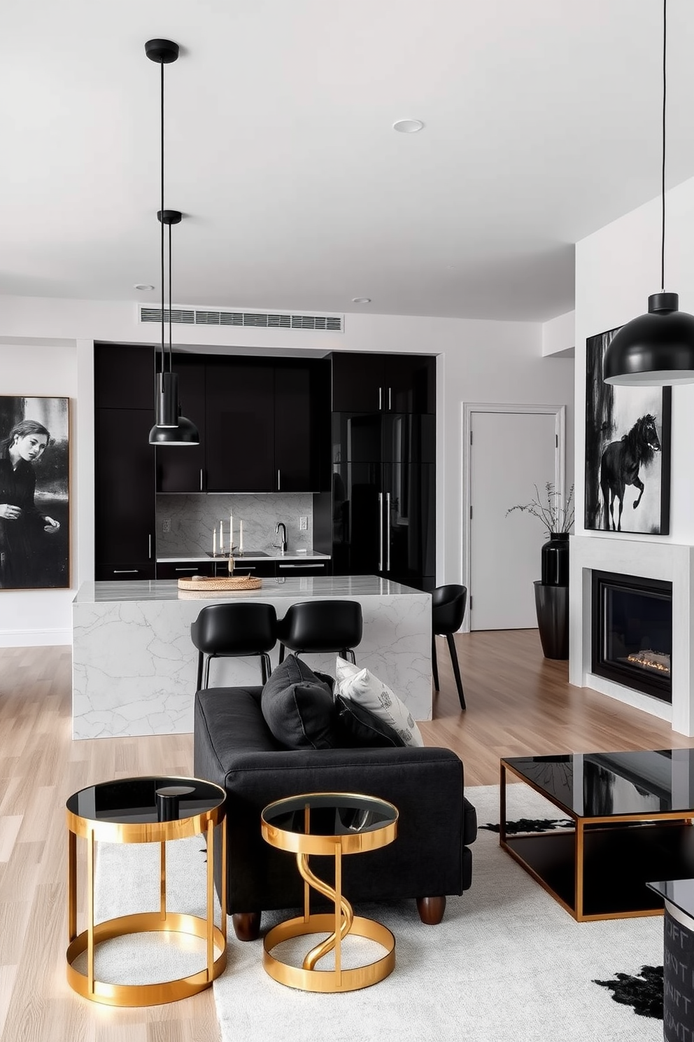 A modern apartment with dark accent pieces that create a striking contrast against light walls. The living area features a sleek black sofa paired with gold and glass side tables, while a large abstract painting with dark tones hangs above the fireplace. The kitchen showcases dark cabinetry complemented by a white marble island. Pendant lights with black finishes hang above, illuminating the space and adding a touch of elegance.