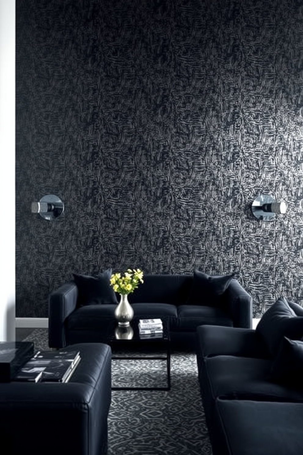 Textured black wallpaper with metallic details creates a dramatic backdrop for a sophisticated living space. The room features sleek furniture in deep shades, complemented by strategically placed lighting that highlights the wallpaper's unique textures.