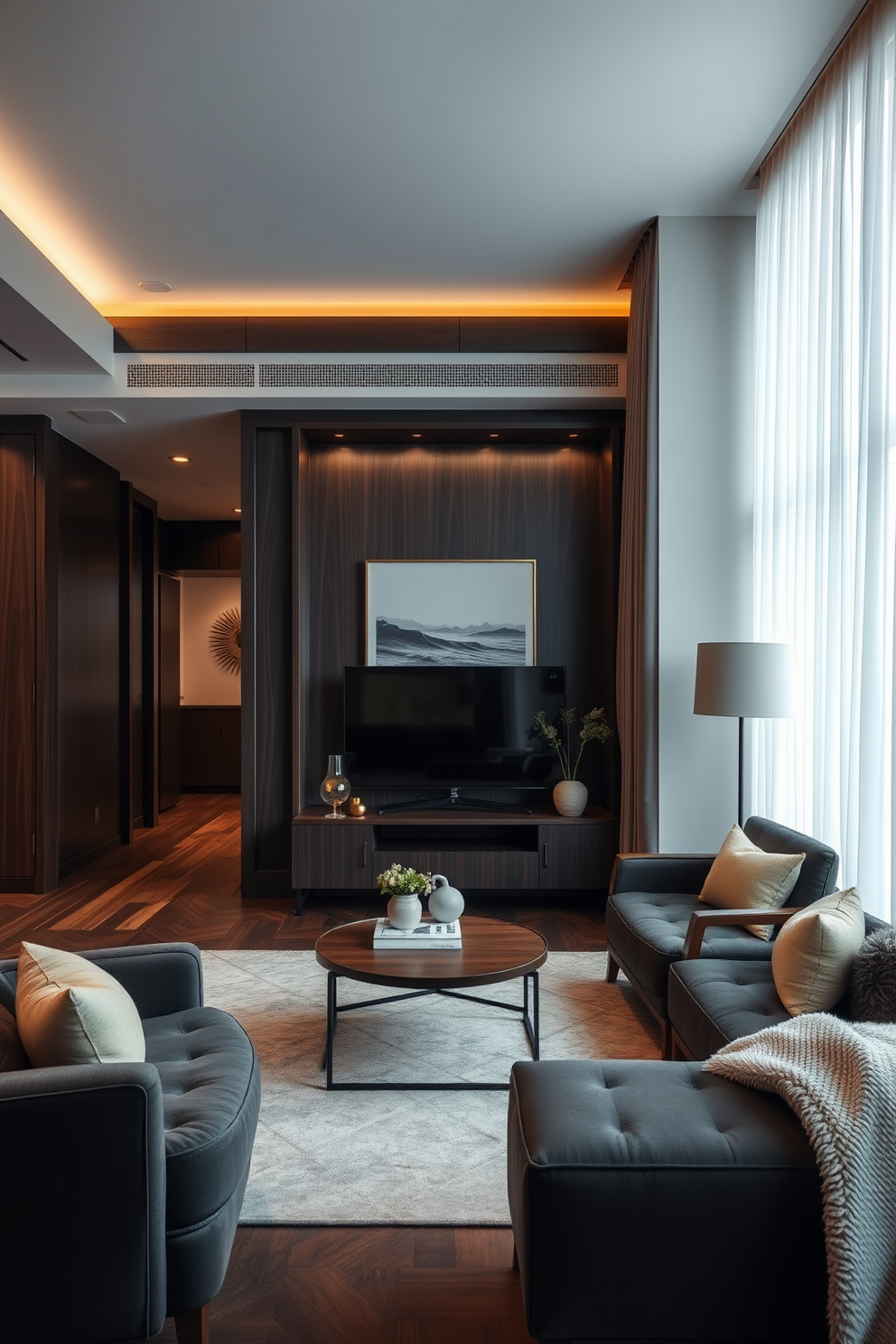 A dark apartment featuring rich dark wood furniture that contrasts beautifully with light decor elements. The space is designed to create a cozy yet elegant atmosphere, highlighting the interplay between the dark furnishings and the soft, airy accents.