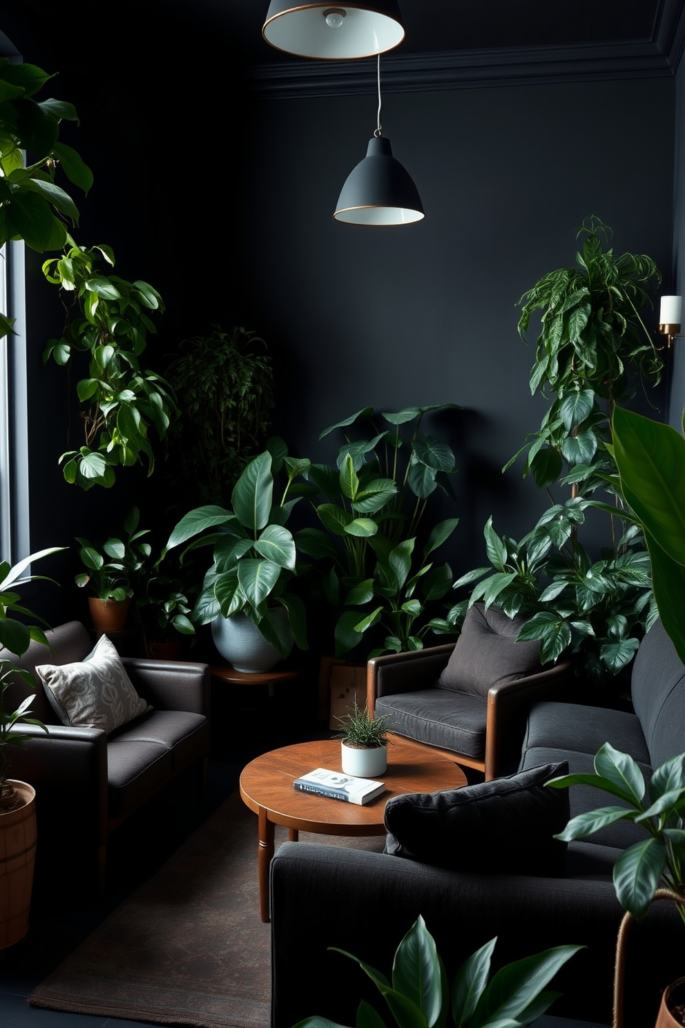 A moody apartment setting filled with lush green plants positioned in dark corners. The walls are painted in deep charcoal, creating a dramatic backdrop that enhances the vibrant foliage. The furniture is minimalist with a mix of vintage and modern pieces, featuring rich textures and deep colors. Soft lighting from strategically placed fixtures casts gentle shadows, adding warmth and intimacy to the space.