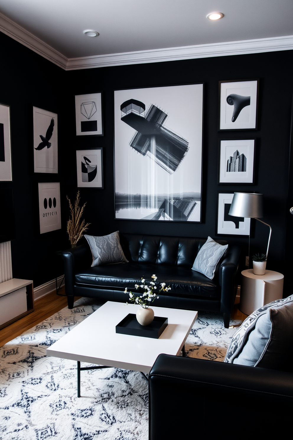 A dark and moody living room featuring a deep navy blue velvet sofa adorned with an array of patterned throw pillows. The walls are painted in a charcoal gray, and a vibrant geometric rug anchors the space, while a collection of eclectic art pieces adorns the walls. In the corner, a sleek black floor lamp casts a warm glow over a small side table with a unique ceramic vase. Rich textures are layered throughout the room, including a woven throw blanket draped over the sofa and a plush faux fur ottoman for added comfort.