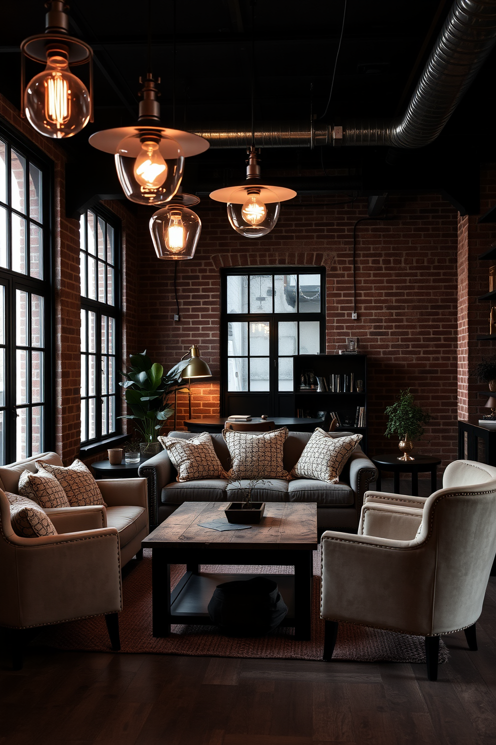 A cozy dark apartment featuring industrial lighting fixtures that create a warm ambiance. The space includes exposed brick walls and large windows with black metal frames, allowing soft light to filter in. Stylish pendant lights hang from the ceiling, casting a gentle glow over a plush sofa adorned with textured cushions. A reclaimed wood coffee table sits in the center, surrounded by vintage-inspired armchairs for an inviting atmosphere.