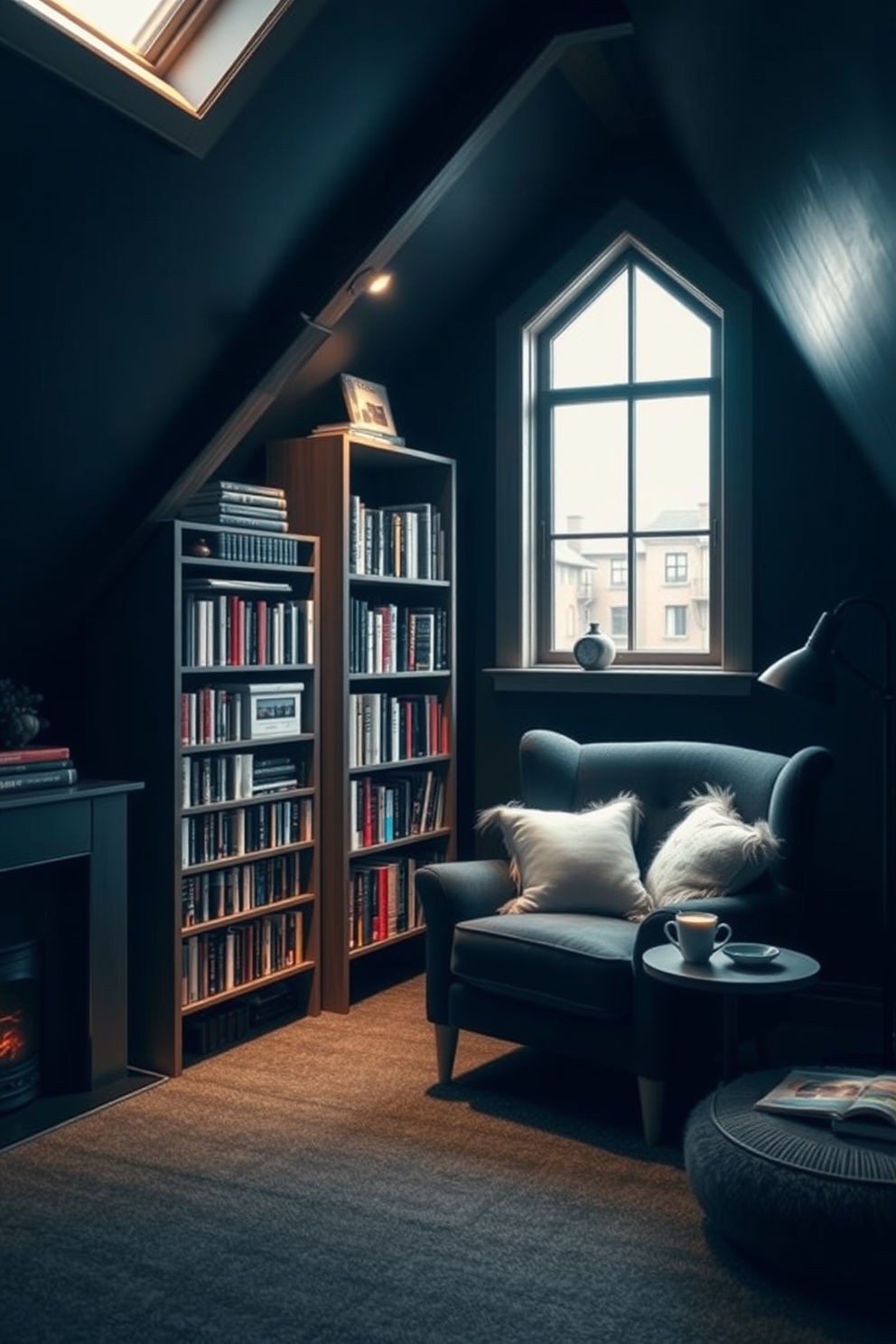 Cozy reading nook with soft lighting. A plush armchair is positioned next to a tall bookshelf filled with various books, and a small side table holds a steaming cup of tea. Dark attic room design ideas. The space features exposed wooden beams and a large window allowing natural light to filter in, while a deep navy color palette creates an intimate atmosphere.