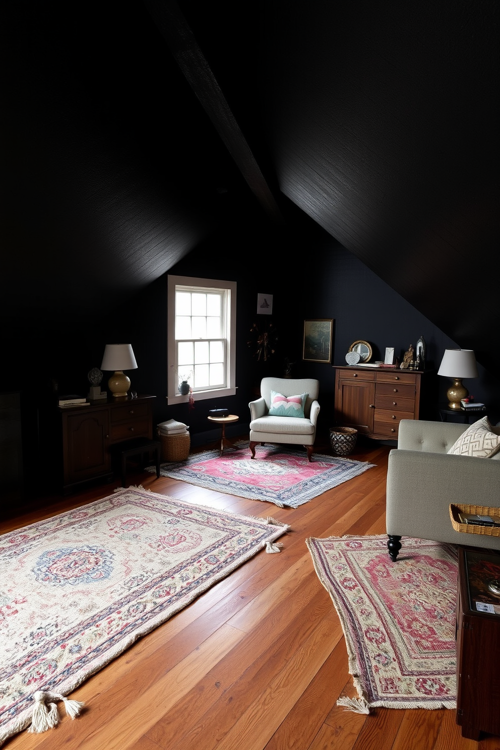 A dark attic room designed for comfort and style. The space features soft rugs layered on the hardwood floor, creating a cozy atmosphere and adding texture to the room. The walls are painted in deep, rich colors, enhancing the intimate feel of the attic. A combination of vintage furniture and modern accents brings character and warmth to the design.