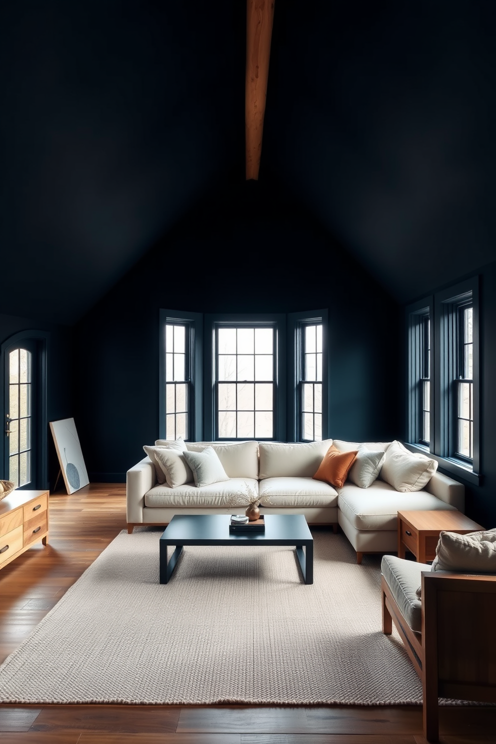 A dark attic room with deep navy blue walls creates a cozy and intimate atmosphere. Contrasting furniture in light woods and soft neutrals adds warmth and balance to the space. A plush cream sofa is positioned against the wall, complemented by a sleek black coffee table in front. Large windows allow natural light to filter in, highlighting the rich textures of the room.