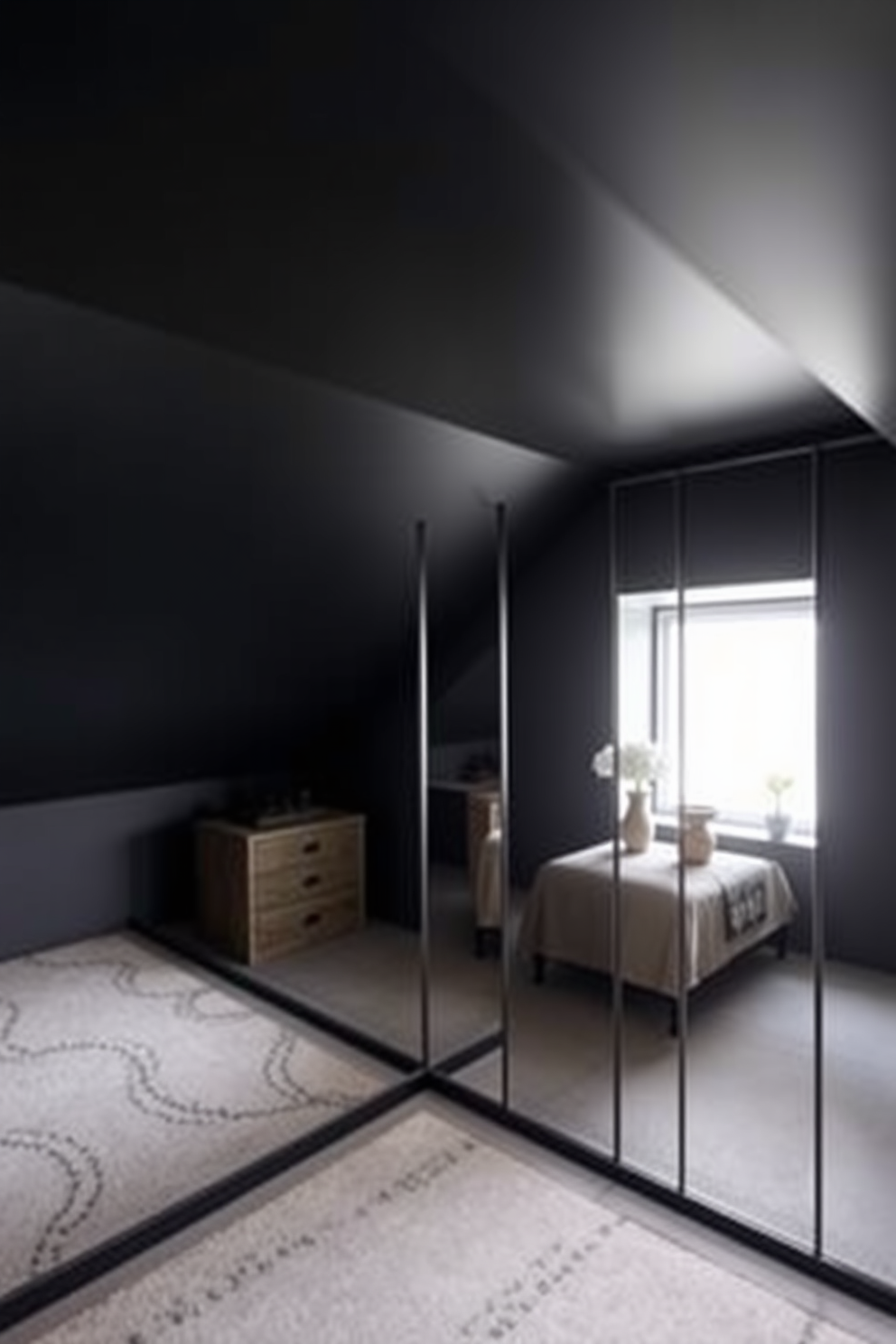 A dark attic room design featuring mirrored surfaces to enhance depth and create an illusion of space. The walls are painted in a deep charcoal color, and strategically placed mirrors reflect light, adding brightness to the room.