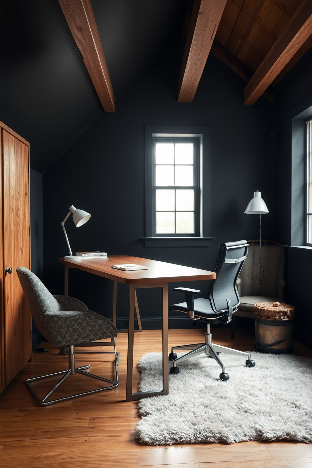 A stylish desk for a creative workspace featuring a sleek wooden surface paired with a modern metal frame. The desk is positioned near a large window allowing natural light to illuminate the area, complemented by a comfortable ergonomic chair. Dark attic room design ideas showcasing exposed wooden beams and deep charcoal walls that create a cozy atmosphere. The space includes a plush area rug, a vintage armchair, and soft ambient lighting to enhance the inviting feel of the room.